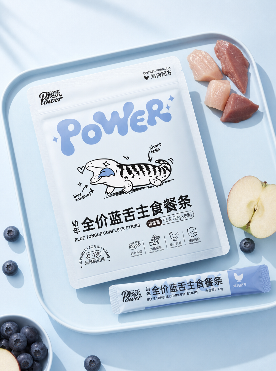 生成包装效果图,主产品:全价蓝舌包装(主袋 + 单支条)参考图3,布局拍摄角度参考图1,
背景与道具:浅蓝色背景,同色系托盘,鸡胸肉 / 鸭肉食材、新鲜蓝莓苹果点缀
光影与风格:自然光柔和打光,低饱和度清新色调,极简 ins 风,无多余杂物
氛围:健康、天然、清新、治愈感,
