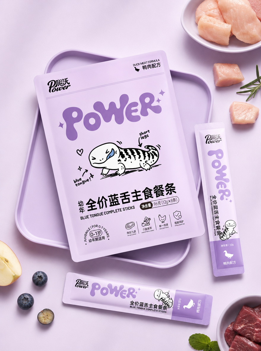 生成包装效果图,主产品:全价蓝舌包装(主袋 + 单支条)参考图3,布局拍摄角度参考图1,
背景与道具:浅紫色背景,同色系托盘,鸡胸肉 / 鸭肉食材、新鲜蓝莓苹果点缀
光影与风格:自然光柔和打光,低饱和度清新色调,极简 ins 风,无多余杂物
氛围:健康、天然、清新、治愈感,