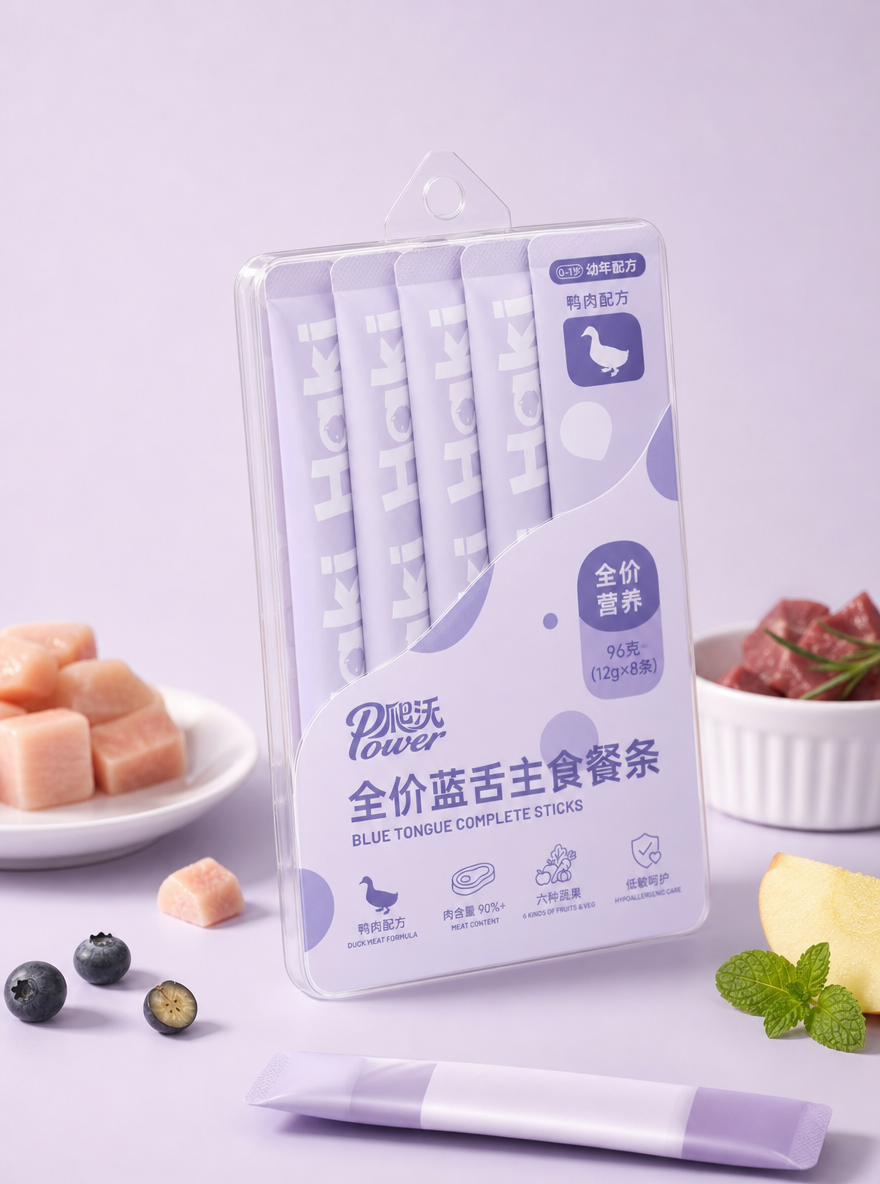 生成包装效果图,主体描述:全价蓝舌主食餐条,参考图二的构图, 背景与色彩:低饱和度浅紫色纯色背景、莫兰迪色系、柔和马卡龙色调 光影与质感:柔光侧打、高布光、柔和阴影、哑光包装质感、通透的塑料质感 构图与风格:商品居中构图、平视视角、电商主图风格、ins风简约摄影、宠物食品商业大片 画质参数:8K高清、锐化细节、专业商业摄影、浅景深。图三的包装效果