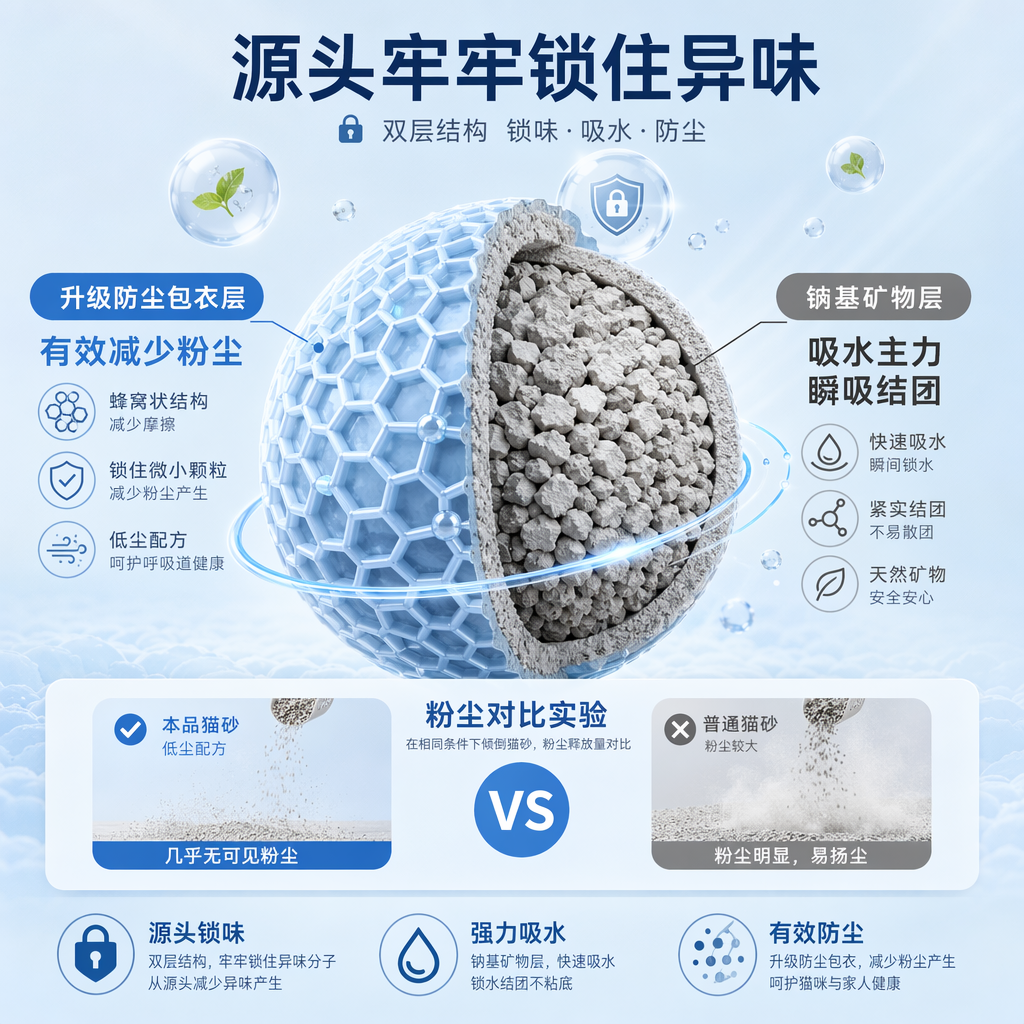 科技清新风猫砂颗粒结构解析图,画面以纯净浅蓝渐变背景为基底,核心是一颗被局部切开的球形猫砂颗粒,直观展示双层结构:外层为带有蜂窝状纹理的浅蓝色升级防尘包衣,标注 “有效减少粉尘”,并搭配粉尘对比小图强化低尘优势;内层为浅灰色钠基矿物层,标注 “吸水主力 瞬吸结团”,同时顶部标注 “源头牢牢锁住异味”,清晰传递锁味、吸水、防尘三大核心功能。
构图采用居中聚焦式,视觉焦点集中在颗粒切面与功能标注上,光线明亮柔和,均匀打光凸显包衣的立体纹理与矿物层的细腻质感,整体风格专业干净、科技感十足,色彩以浅蓝、灰、白为主,完美传递猫砂低尘、强吸水、根源锁味的核心卖点,适配电商详情页结构科普与功能宣传。