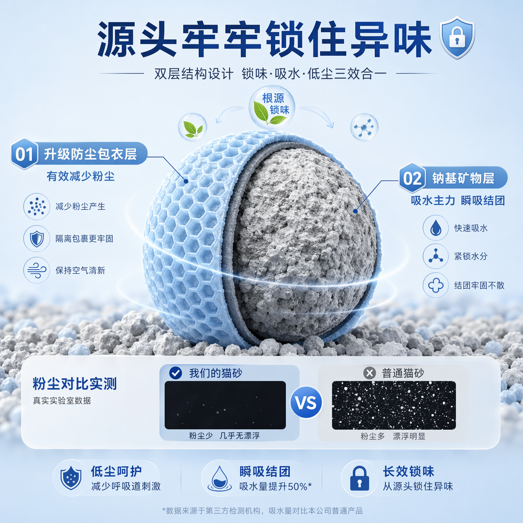 科技清新风猫砂颗粒结构解析图,画面以纯净浅蓝渐变背景为基底,核心是一颗被局部切开的球形猫砂颗粒,直观展示双层结构:外层为带有蜂窝状纹理的浅蓝色升级防尘包衣,标注 “有效减少粉尘”,并搭配粉尘对比小图强化低尘优势;内层为浅灰色钠基矿物层,标注 “吸水主力 瞬吸结团”,同时顶部标注 “源头牢牢锁住异味”,清晰传递锁味、吸水、防尘三大核心功能。
构图采用居中聚焦式,视觉焦点集中在颗粒切面与功能标注上,光线明亮柔和,均匀打光凸显包衣的立体纹理与矿物层的细腻质感,整体风格专业干净、科技感十足,色彩以浅蓝、灰、白为主,完美传递猫砂低尘、强吸水、根源锁味的核心卖点,适配电商详情页结构科普与功能宣传。