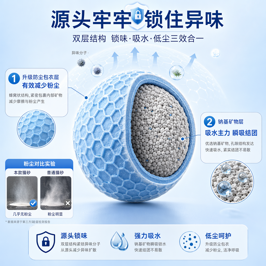 科技清新风猫砂颗粒结构解析图,画面以纯净浅蓝渐变背景为基底,核心是一颗被局部切开的球形猫砂颗粒,直观展示双层结构:外层为带有蜂窝状纹理的浅蓝色升级防尘包衣,标注 “有效减少粉尘”,并搭配粉尘对比小图强化低尘优势;内层为浅灰色钠基矿物层,标注 “吸水主力 瞬吸结团”,同时顶部标注 “源头牢牢锁住异味”,清晰传递锁味、吸水、防尘三大核心功能。
构图采用居中聚焦式,视觉焦点集中在颗粒切面与功能标注上,光线明亮柔和,均匀打光凸显包衣的立体纹理与矿物层的细腻质感,整体风格专业干净、科技感十足,色彩以浅蓝、灰、白为主,完美传递猫砂低尘、强吸水、根源锁味的核心卖点,适配电商详情页结构科普与功能宣传。