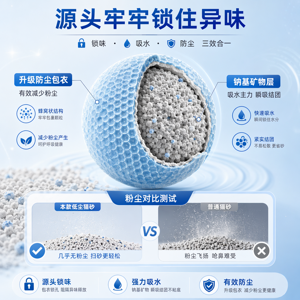 科技清新风猫砂颗粒结构解析图,画面以纯净浅蓝渐变背景为基底,核心是一颗被局部切开的球形猫砂颗粒,直观展示双层结构:外层为带有蜂窝状纹理的浅蓝色升级防尘包衣,标注 “有效减少粉尘”,并搭配粉尘对比小图强化低尘优势;内层为浅灰色钠基矿物层,标注 “吸水主力 瞬吸结团”,同时顶部标注 “源头牢牢锁住异味”,清晰传递锁味、吸水、防尘三大核心功能。
构图采用居中聚焦式,视觉焦点集中在颗粒切面与功能标注上,光线明亮柔和,均匀打光凸显包衣的立体纹理与矿物层的细腻质感,整体风格专业干净、科技感十足,色彩以浅蓝、灰、白为主,完美传递猫砂低尘、强吸水、根源锁味的核心卖点,适配电商详情页结构科普与功能宣传。