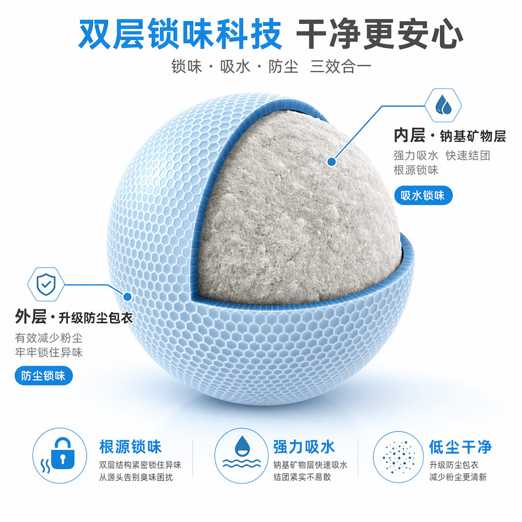 科技清新风猫砂颗粒结构解析图,画面以白色背景为基底,核心是一颗被局部切开的球形猫砂颗粒,直观展示双层结构:外层为带有蜂窝状纹理的浅蓝色升级防尘包衣,内层为浅灰色钠基矿物层,清晰传递锁味、吸水、防尘三大核心功能。
构图采用居中聚焦式,视觉焦点集中在颗粒切面与功能标注上,光线明亮柔和,均匀打光凸显包衣的立体纹理与矿物层的细腻质感,整体风格专业干净、科技感十足,色彩以浅蓝、灰、白为主,完美传递猫砂低尘、强吸水、根源锁味的核心卖点,适配电商详情页结构科普与功能宣传。