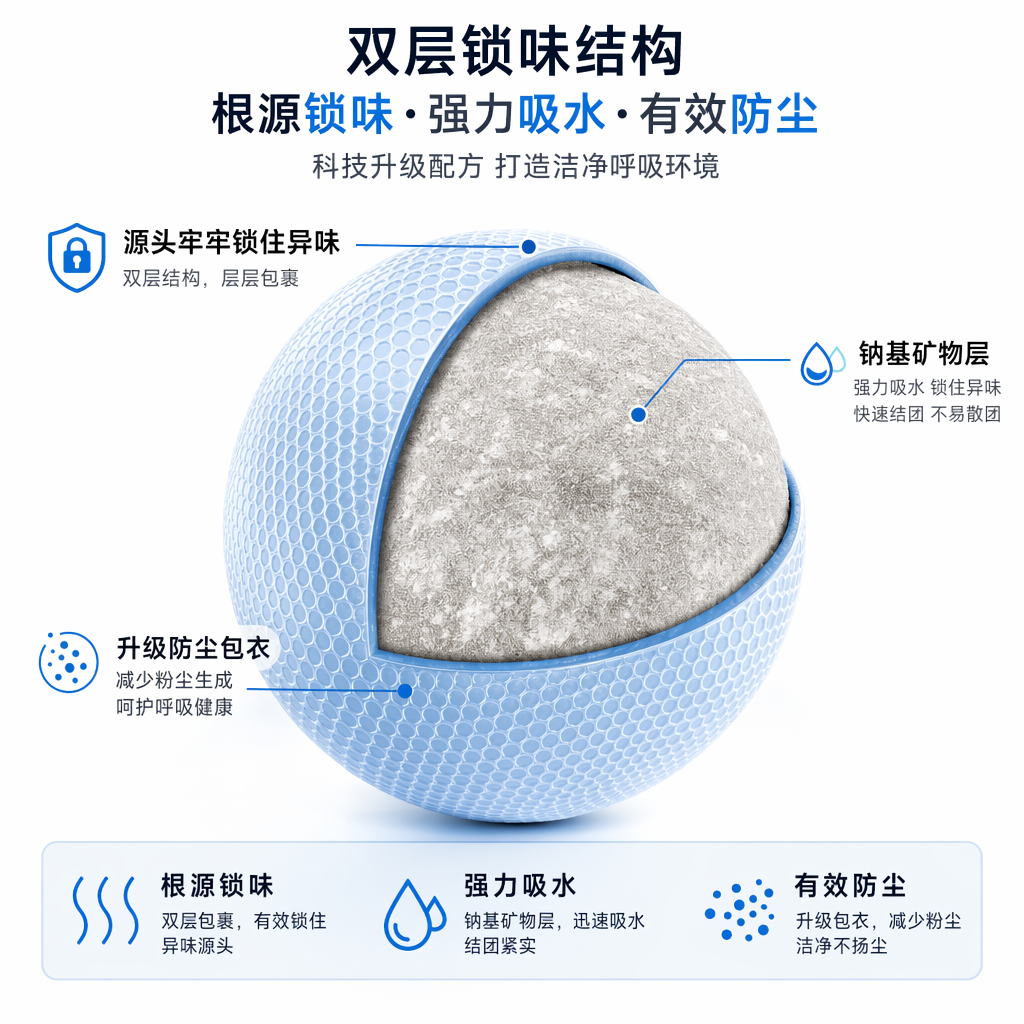 科技清新风猫砂颗粒结构解析图,画面以白色背景为基底,核心是一颗被局部切开的球形猫砂颗粒,直观展示双层结构:外层为带有蜂窝状纹理的浅蓝色升级防尘包衣,内层为浅灰色钠基矿物层,清晰传递锁味、吸水、防尘三大核心功能。
构图采用居中聚焦式,视觉焦点集中在颗粒切面与功能标注上,光线明亮柔和,均匀打光凸显包衣的立体纹理与矿物层的细腻质感,整体风格专业干净、科技感十足,色彩以浅蓝、灰、白为主,完美传递猫砂低尘、强吸水、根源锁味的核心卖点,适配电商详情页结构科普与功能宣传。
