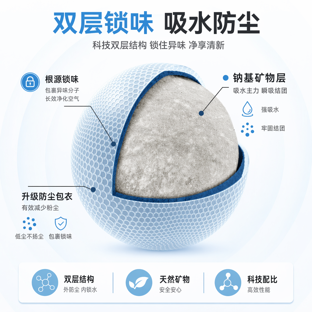 科技清新风猫砂颗粒结构解析图,画面以白色背景为基底,核心是一颗被局部切开的球形猫砂颗粒,直观展示双层结构:外层为带有蜂窝状纹理的浅蓝色升级防尘包衣,内层为浅灰色钠基矿物层,清晰传递锁味、吸水、防尘三大核心功能。
构图采用居中聚焦式,视觉焦点集中在颗粒切面与功能标注上,光线明亮柔和,均匀打光凸显包衣的立体纹理与矿物层的细腻质感,整体风格专业干净、科技感十足,色彩以浅蓝、灰、白为主,完美传递猫砂低尘、强吸水、根源锁味的核心卖点,适配电商详情页结构科普与功能宣传。