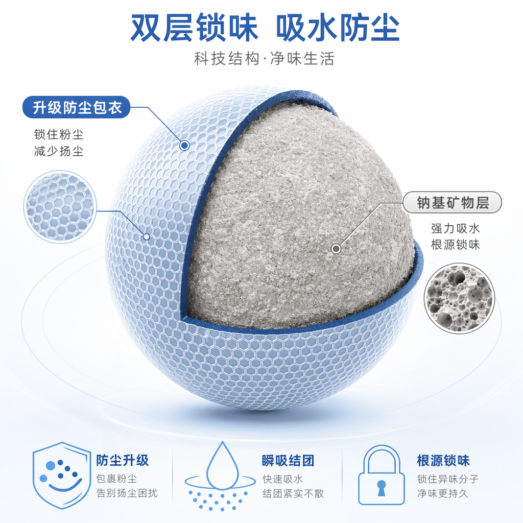 科技清新风猫砂颗粒结构解析图,画面以白色背景为基底,核心是一颗被局部切开的球形猫砂颗粒,直观展示双层结构:外层为带有蜂窝状纹理的浅蓝色升级防尘包衣,内层为浅灰色钠基矿物层,清晰传递锁味、吸水、防尘三大核心功能。
构图采用居中聚焦式,视觉焦点集中在颗粒切面与功能标注上,光线明亮柔和,均匀打光凸显包衣的立体纹理与矿物层的细腻质感,整体风格专业干净、科技感十足,色彩以浅蓝、灰、白为主,完美传递猫砂低尘、强吸水、根源锁味的核心卖点,适配电商详情页结构科普与功能宣传。