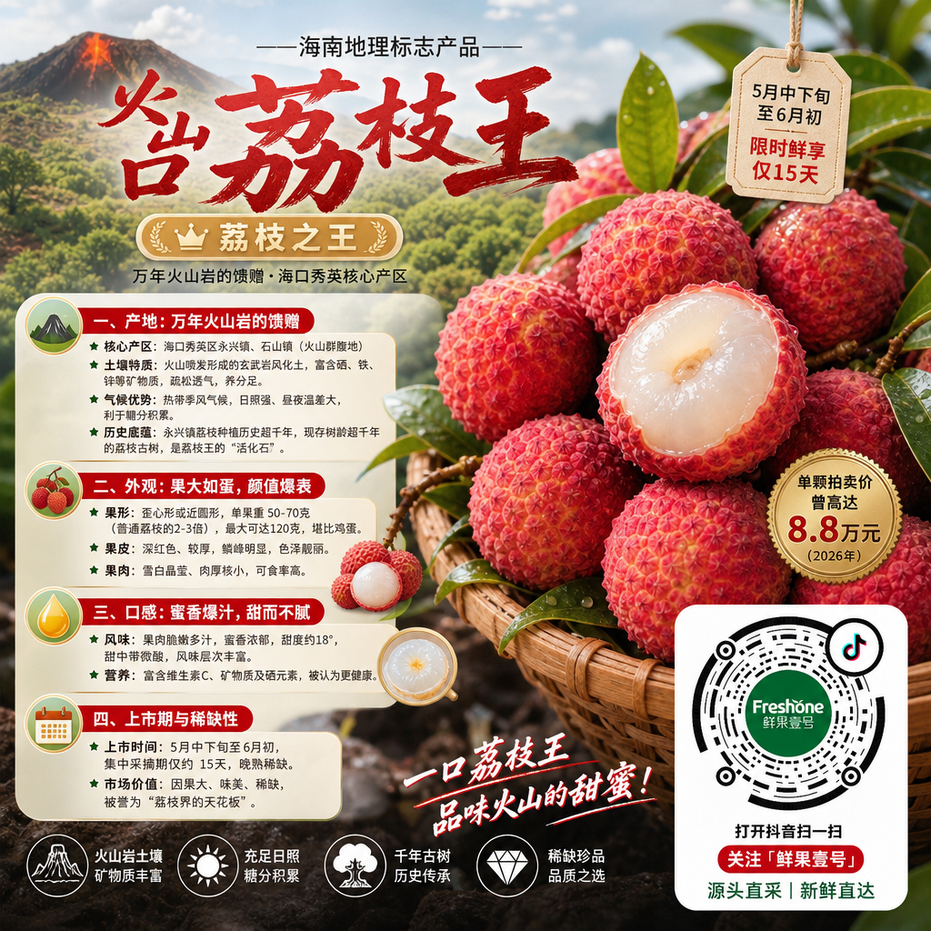 水果商家“鲜果壹号”要生成一张火山口荔枝王的抖音宣传海报,图中要显示第2张参考图内的商家抖音码;火山口荔枝王,是产自海南海口秀英区火山群地带的国家地理标志产品,被誉为 “荔枝之王”。提炼出以下内容:一、产地:万年火山岩的馈赠
核心产区:海口秀英区永兴镇、石山镇(火山群腹地)。
土壤特质:火山喷发形成的玄武岩风化土,富含硒、铁、锌等矿物质,疏松透气,养分足。
气候优势:热带季风气候,日照强、昼夜温差大,利于糖分积累。
历史底蕴:永兴镇荔枝种植历史超千年,现存树龄超千年的荔枝古树,是荔枝王的 “活化石”。
二、外观:果大如蛋,颜值爆表
果形:歪心形或近圆形,单果重 50–70 克(普通荔枝的 2–3 倍),最大可达120 克,堪比鸡蛋。
果皮:深红色、较厚,鳞峰明显,色泽靓丽。
果肉:雪白晶莹、肉厚核小,可食率高海南省农业农村厅。
三、口感:蜜香爆汁,甜而不腻
风味:果肉脆嫩多汁、蜜香浓郁,甜度约18°,甜中带微酸,风味层次丰富。
营养:富含维生素 C、矿物质及硒元素,被认为更健康。
四、上市期与稀缺性
上市时间:5 月中下旬至 6 月初,集中采摘期仅约15 天,晚熟稀缺。
市场价值:因果大、味美、稀缺,被誉为 “荔枝界的天花板”,单颗拍卖价曾高达8.8 万元(2026 年)