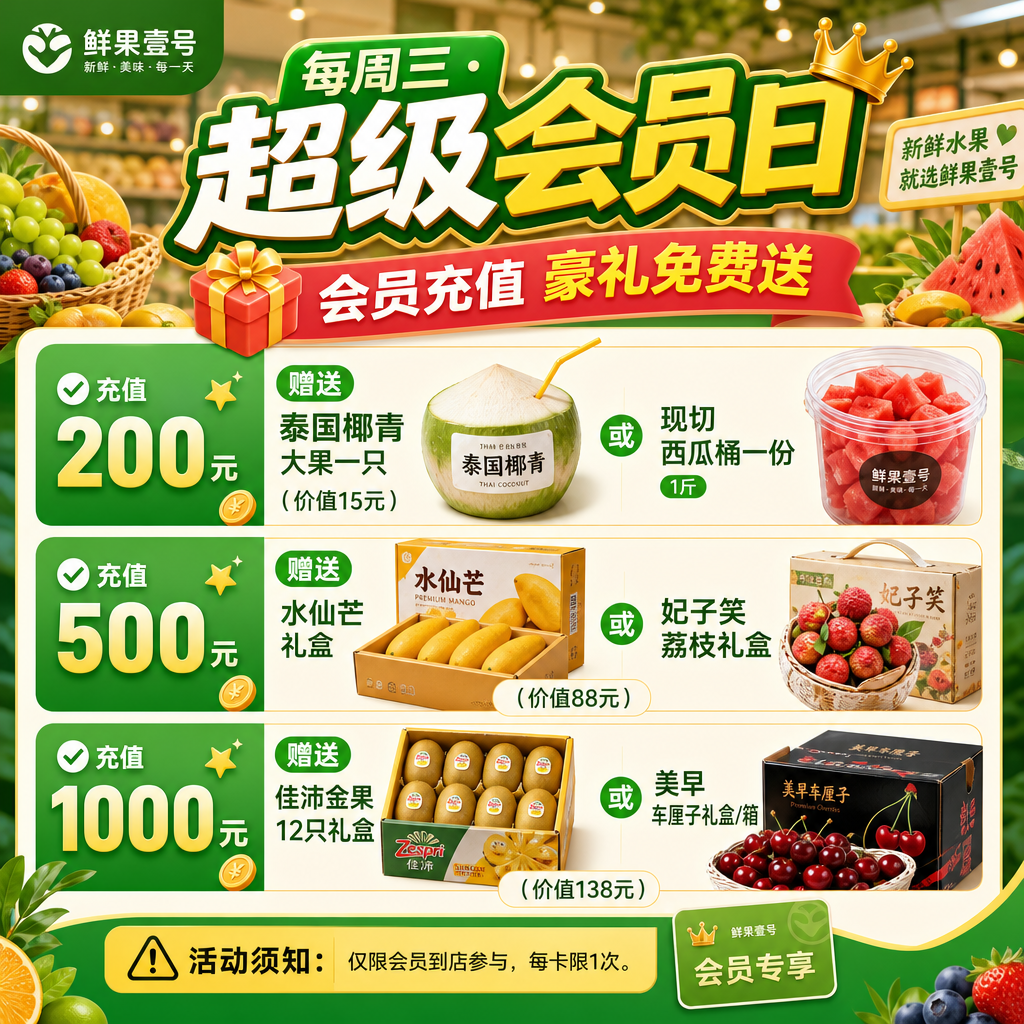 水果商家“鲜果壹号”要生成一副店内海报,突出重点,主要内容如下:每周三 · 超级会员日
🎁 会员充值 豪礼免费送
✅ 充值200元
👉 赠送泰国椰青大果一只(价值15元)或现切西瓜桶一份1斤
✅ 充值500元
👉 赠送水仙芒礼盒或妃子笑荔枝礼盒(价值88元)
✅ 充值1000元
👉 佳沛金果12只礼盒或美早车厘子礼盒/箱(价值138元)
⚠活动须知:
仅限会员到店参与,每卡限1次。
