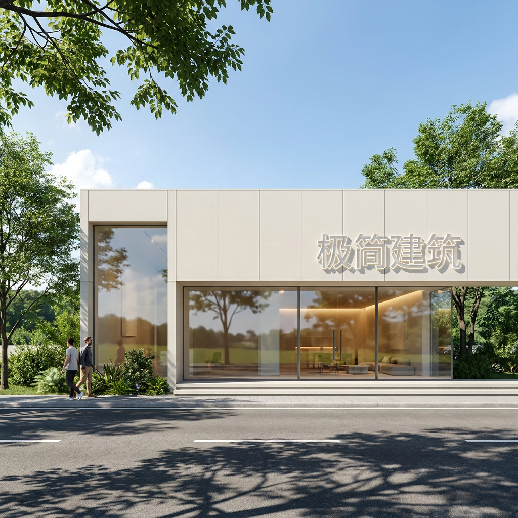 生成一张写实建筑效果图,现代极简风格。保留图像中的建筑细节和视角不变建筑表面材质写实质感及真实反射,干净带细微纹理。建筑玻璃漫射天空光以及周边景观,局部高光。真实植物,叶片细节清晰可见。干净、干燥的柏油马路,清晰的树木阴影,少量人物凸显建筑尺度,增加场景活力。中午明亮的光照,蓝天,阳光透过树枝,树叶表面有高质量的下层散射光,室内少量灯光,增强空间层次与暖调氛围。电影级光线富士相机拍摄,具有极强的商业摄影质感,文字的材质是亚克力,有厚度和立体效果,要正面视角,图中的文字不能有错,牌匾的材质是纯色铝塑板,颜色的米白色