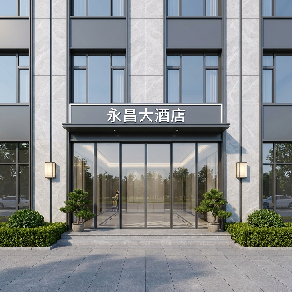 生成超写实建筑效果图,永昌大酒店现代简约风格门头,三层楼高,整体采用浅灰色大理石干挂墙面搭配深灰色铝合金线条,入口处是大面积落地玻璃门,上方是横向长条形 LED 发光字 "永昌大酒店",字体为简洁的无衬线黑体,白色发光。门头两侧对称设计,各有一个方形壁灯,门前有两级台阶,两侧摆放修剪整齐的绿色灌木和迎客松盆栽。晴朗白天,柔和的自然光,光影清晰,地面是灰色防滑地砖,远处有少量行人和车辆,建筑透视准确,8K 分辨率,专业建筑摄影,超广角镜头,细节拉满,无畸变