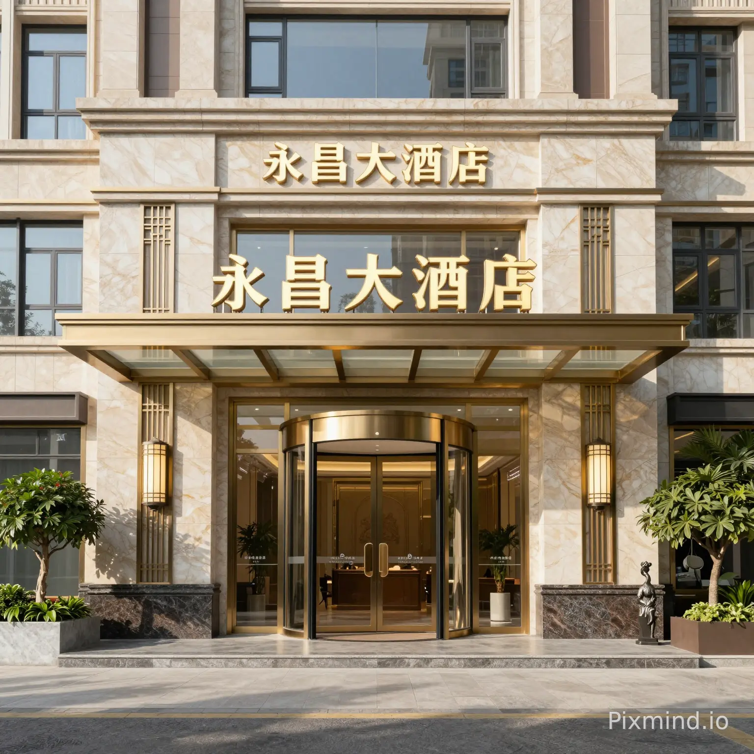 超写实轻奢风格建筑效果图,永昌大酒店高端门头,三层楼高,整体采用浅米色大理石搭配香槟金不锈钢装饰线条。入口是旋转玻璃门,上方是弧形玻璃雨棚,雨棚边缘有香槟金包边。门头中央是背发光的 "永昌大酒店" 立体字,字体为优雅的衬线体,香槟金色。两侧墙面有对称的艺术壁灯和金属装饰格栅。门前是抛光花岗岩地面,两侧摆放大型绿植和艺术雕塑。晴朗白天,阳光充足,大理石质感通透,光影自然,建筑透视准确,8K 分辨率,专业商业建筑摄影,超广角
