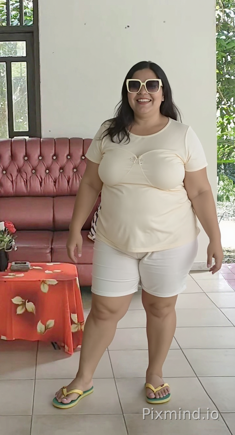 show full body wear cream panty and bra. whole body like original image. never change position.keep body shape fat like image.delete the table