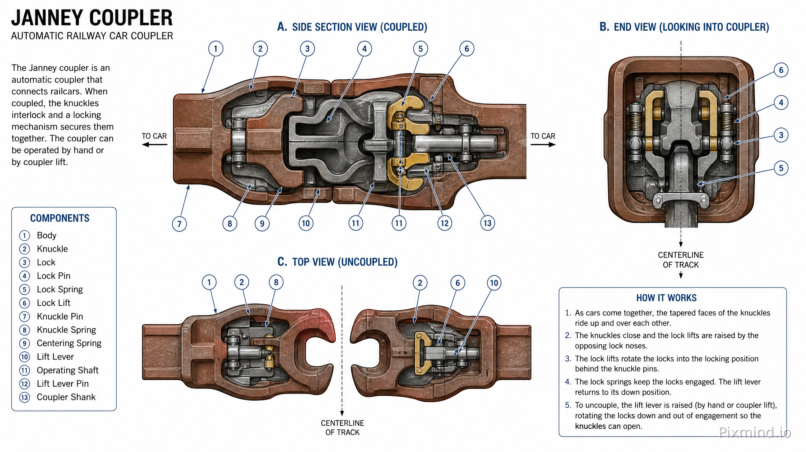 Detailed schematic diagram of a Janney coupler, showing its internal mechanisms and components. Technical illustration style, clean lines, clear labels, engineering drawing, white background, high resolution.