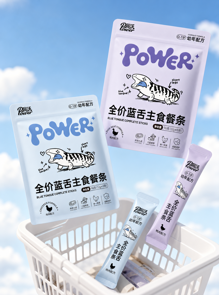 转化成包装效果图,3:4比例,三个包装一组,包装比例不变:爬沃Power全价蓝舌主食餐条、96g(12g×8条) blister吸塑包装、淡紫色鸭肉配方款、淡蓝色鸡肉配方款、手绘蓝舌石龙子卡通插画、底部标注的肉含量与低敏配方图标
背景与构图:明亮蓝天白云背景、白色镂空塑料购物篮、动态悬浮错落构图、多角度产品展示
色彩与风格:淡紫/淡蓝马卡龙配色、简约现代字体、ins风清新治愈感、宠物食品商业大片
光影与质感:明亮自然光、柔和阴影、哑光包装质感、3D渲染效果、清晰的文字与插画细节
画质参数:8K高清、超细节渲染、锐化文字、浅景深、专业商业摄影