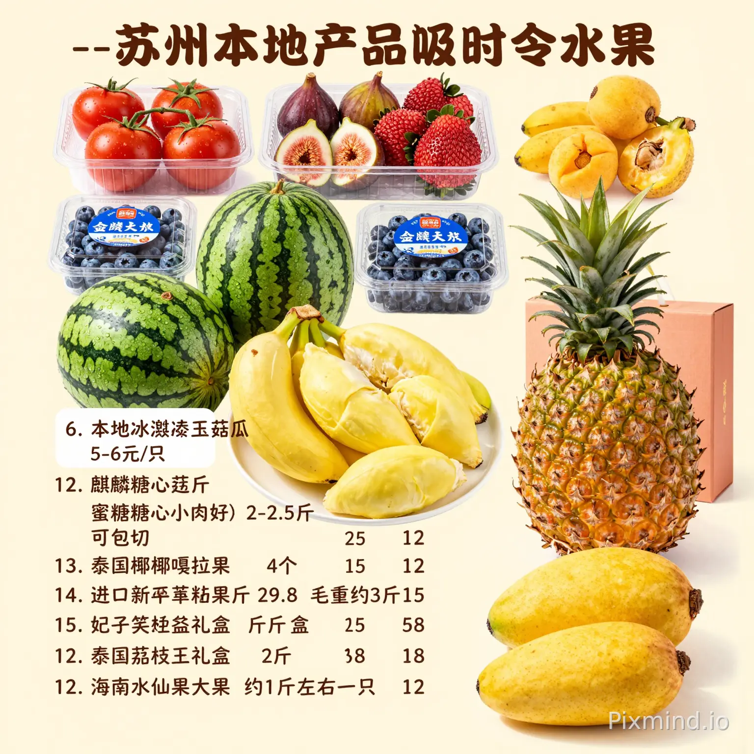 外摆用---苏州本地产品及时令水果
序号 商品名称 规格 价格 备注单份价格
1 本地冰激凌玉菇瓜 2-2.5斤/只 10 10元/只
2 苏州太湖农家多彩小番茄 2斤/盒 20 3种品种农家番茄混装一蓝不打农药
3 苏州本地无花果 500克/盒 20
4 苏州本地白玉枇杷 2斤/盒 20
6 本地蓝莓大果 2盒 20 12一盒
7 本地麒麟无籽西瓜 5-6斤/只 20
8 蜜糖糖心凤梨(口感好) 2-2.5斤/只 25 可包切
9 进口大牌菲律宾香蕉 约3斤/把 15
10 泰国金枕榴莲 斤 29.8 提成称好按个售卖;
11 泰国椰青大果 个 12
12 进口新西兰嘎啦果 4个 12
13 妃子笑荔枝礼盒 毛重约3斤 58
14 白糖罂荔枝纯甜 1斤/盒 19
15 妃子笑荔枝 2斤/盒 25
16 火山口荔枝王礼盒 3斤/箱 128
17 海南水仙芒大果 约1斤左右一只 12
生成一个图表