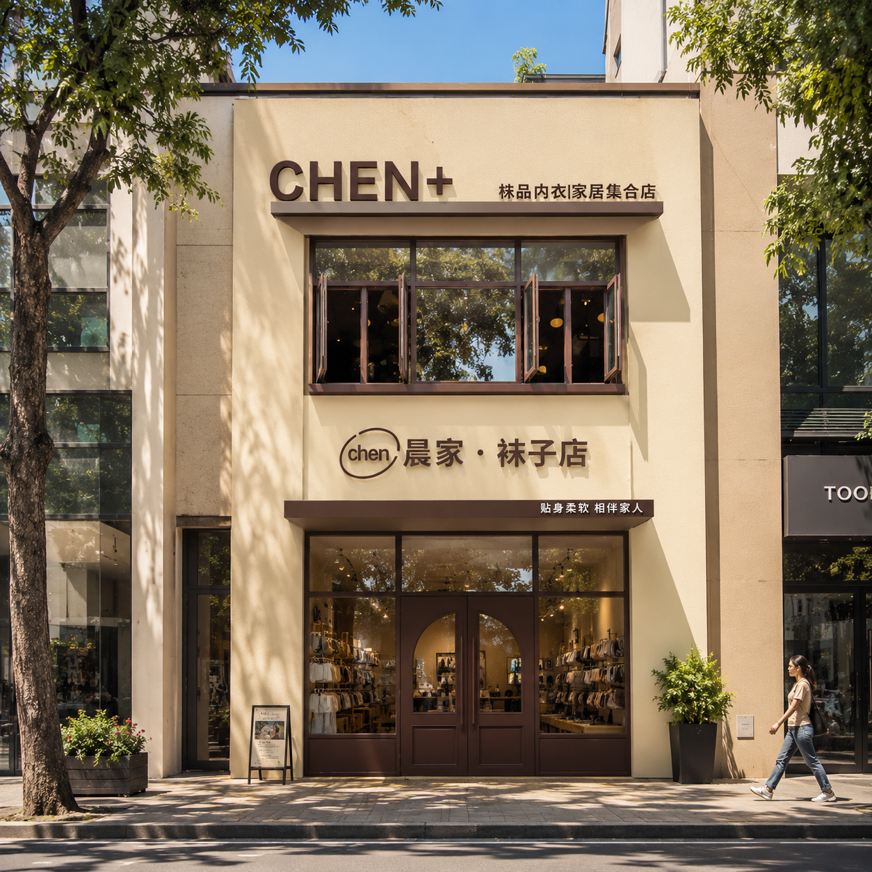 生成一张实景效果图,墙面是米黄色,字体是深棕色,场景要真实自然,光影自然有真实解除阴影,不能漂浮,风格高级,真实,自然,不要明显AI感。干净带细微纹理。建筑玻璃漫射天空光以及周边景观,局部高光。真实植物,叶片细节清晰可见。干净、干燥的柏油马路,清晰的树木阴影,少量人物凸显建筑尺度,增加场景活力。中午明亮的光照,蓝天,阳光透过树枝,树叶表面有高质量的下层散射光,室内少量灯光,增强空间层次与暖调氛围。电影级光线富士相机拍摄,具有极强的商业摄影质感,文字的材质是亚克力,有厚度和立体效果,要正面视角