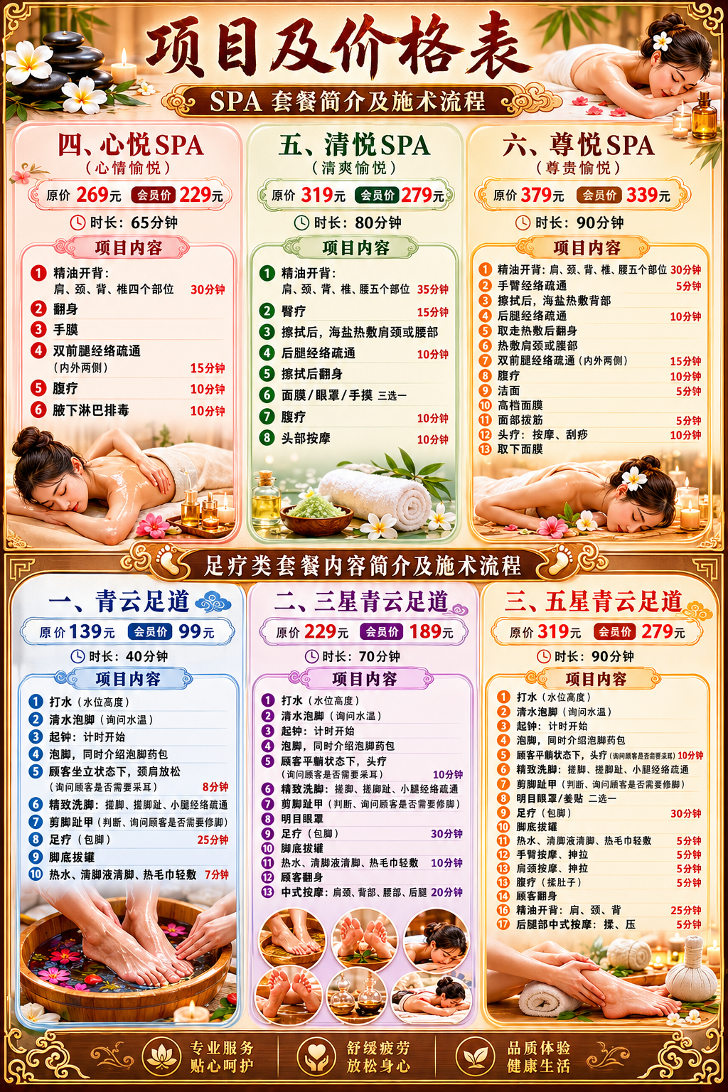 生成一张洗浴会所的项目及格表,图片是参考图,内容是SPA类套餐简介及施术流程:
四、心悦SPA(心情愉悦)
原价269元,会员价229元
时长:65分钟
项目内容:
1.精油开背:包括肩、颈、背、椎四个部位(30分钟)
2.翻身
3.手膜
4.双前腿经络疏通(内外两侧)(15分钟)
5.腹疗(10分钟)
6.腋下淋巴排毒(10分钟)
五、清悦SPA(清爽愉悦)
原价319元,会员价279元
时长:80分钟
项目内容:
1.精油开背:包括肩、颈、背、椎、腰五个部位(35分钟)
2.臀疗(15分钟)
3.擦拭后,海盐热敷肩颈或腰部
4.后腿经络疏通(10分钟)
5.擦拭后翻身
6.面膜/眼罩/手摸三选一
7.腹疗(10分钟)
8.头部按摩(10分钟)
六、尊悦SPA(尊贵愉悦)
原价379元,会员价339元
时长:90分钟
项目内容:
1.精油开背:包括肩、颈、背、椎、腰五个部位(30分钟)
2.手臂经络疏通(5分钟)
3.擦拭后,海盐热敷背部
4.后腿经络疏通(10分钟)
5.取走热敷后翻身
6.热敷肩颈或腹部
7.双前腿经络疏通(内外两侧)(15分钟)
8.腹疗(10分钟)
9.洁面(5分钟)
10.高档面膜
11.面部拨筋(5分钟)
12.头疗:按摩、刮痧(10分钟)
13.取下面膜
足疗类套餐内容简介及施术流程:
一、青云足道
原价139元 会员价99元
时长40分钟
项目内容:
1.打水(水位高度)
2.清水泡脚(询问水温)
3.起钟:计时开始
4.泡脚,同时介绍泡脚药包
5.顾客坐立状态下,颈肩放松(询问顾客是否需要采耳)(8分钟)
6.精致洗脚:搓脚、搓脚趾、小腿经络疏通
4.剪脚趾甲(判断、询问顾客是否需要修脚)
5.足疗(包脚)(25分钟)
6.脚底拔罐
7.热水、清脚液清脚、热毛巾轻敷(7分钟)
二、三星青云足道
原价229元 会员价189元
时长70分钟
项目内容:
1.打水(水位高度)
2.清水泡脚(询问水温)
3.起钟:计时开始
4.泡脚,同时介绍泡脚药包
5.顾客平躺状态下,头疗(询问顾客是否需要采耳)(10分钟)
6.精致洗脚:搓脚、搓脚趾、小腿经络疏通
4.剪脚趾甲(判断、询问顾客是否需要修脚)
5.明目眼罩
6.足疗(包脚)(30分钟)
7.脚底拔罐
8.热水、清脚液清脚、热毛巾轻敷(10分钟)
9.顾客翻身
10.中式按摩:肩颈、背部、腰部、后腿(20分钟)
三、五星青云足道
原价319元 会员价279元
时长90分钟
项目内容:
1.打水(水位高度)
2.清水泡脚(询问水温)
3.起钟:计时开始
4.泡脚,同时介绍泡脚药包
5.顾客平躺状态下,头疗(询问顾客是否需要采耳)(10分钟)
6.精致洗脚:搓脚、搓脚趾、小腿经络疏通
4.剪脚趾甲(判断、询问顾客是否需要修脚)
5.明目眼罩/姜贴二选一
6.足疗(包脚)(30分钟)
7.脚底拔罐
8.热水、清脚液清脚、热毛巾轻敷(5分钟)
9.手臂按摩、抻拉(5分钟)
10.肩颈按摩、抻拉(5分钟)
11.腹疗(揉肚子)(5分钟)
9.顾客翻身
13.精油开背:肩、颈、背(25分钟)
14.后腿部中式按摩:揉、压(5分钟),尺寸是92厘米*180厘米