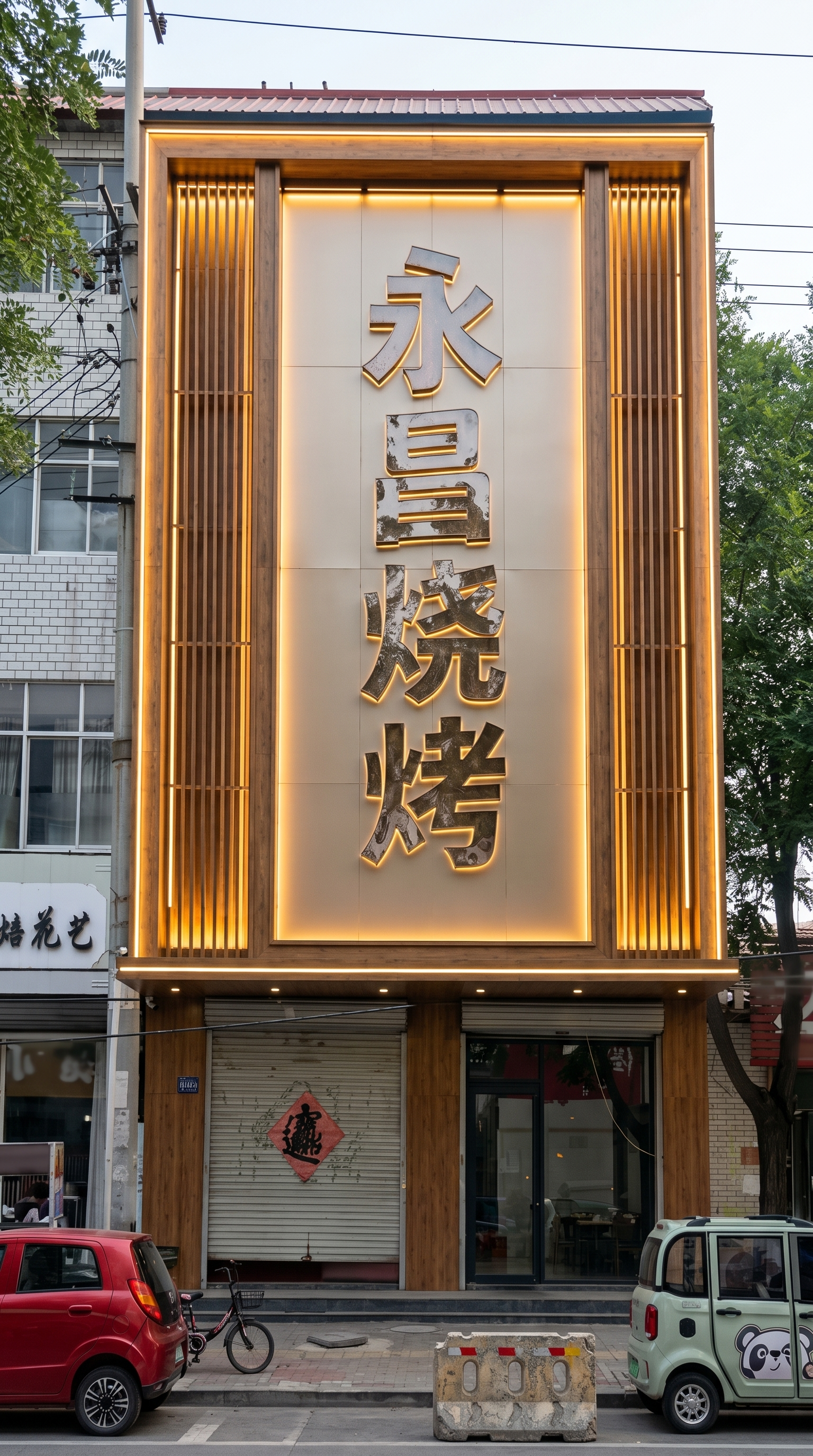 以图片为参考图,生成一张门头效果图,店名叫永昌烧烤,尺寸高11米,宽7.7米,要求字体排版有创意四个字不能并排,,字体风格偏个性要引人注目,牌匾里有暖色灯带,需要能吸引人进店。,场景要真实自然,光影自然有真实解除阴影,不能漂浮,风格高级,真实,自然,不要明显AI感。