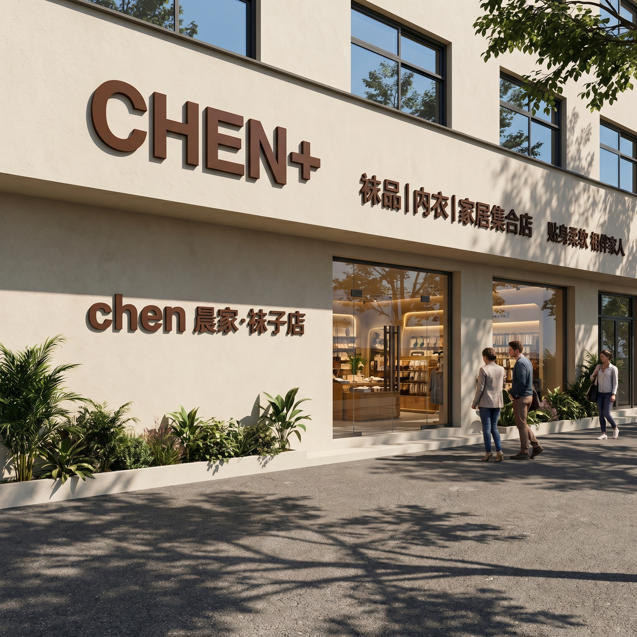 生成一张实景效果图,墙面是米黄色,字体是深棕色,场景要真实自然,光影自然有真实解除阴影,不能漂浮,风格高级,真实,自然,不要明显AI感。干净带细微纹理。建筑玻璃漫射天空光以及周边景观,局部高光。真实植物,叶片细节清晰可见。干净、干燥的柏油马路,清晰的树木阴影,少量人物凸显建筑尺度,增加场景活力。中午明亮的光照,蓝天,阳光透过树枝,树叶表面有高质量的下层散射光,室内少量灯光,增强空间层次与暖调氛围。电影级光线富士相机拍摄,具有极强的商业摄影质感,文字的材质是亚克力,有厚度和立体效果