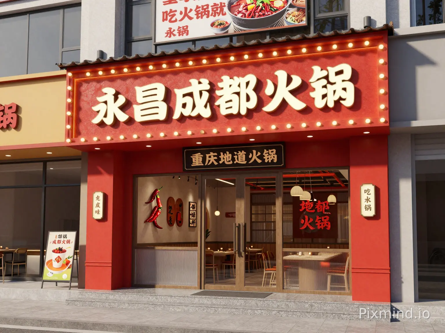 生成一张火锅店的门头效果图,门头材质是红色长城板,主题颜色是红色,名字叫永昌成都火锅,字体风格偏个性要引人注目,牌匾里有暖色灯带和灯泡,字的旁边有辣椒和其他装饰物,卖点是重庆地道火锅,整体要能吸引年轻人,建筑场景在社区地上,附近有超市和奶茶店,二楼做落地窗,房顶有一块广告牌写吃火锅就来永昌,场景要真实自然,光影自然有真实解除阴影,不能漂浮,风格高级,真实,自然,不要明显AI感