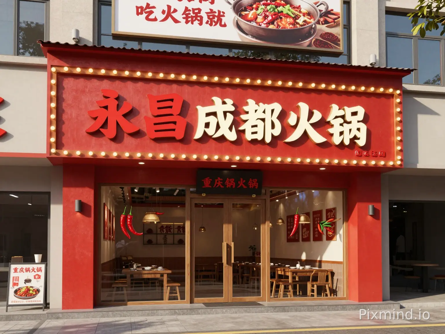 生成一张火锅店的门头效果图,门头材质是红色长城板,主题颜色是红色,名字叫永昌成都火锅,永昌两个字作为品牌放大,字体风格偏个性要引人注目,牌匾里有暖色灯带和灯泡,字的旁边有辣椒和其他装饰物,卖点是重庆地道火锅,整体要能吸引年轻人,建筑场景在社区地上,附近有超市和奶茶店,二楼做落地窗,房顶有一块广告牌写吃火锅就来永昌,场景要真实自然,光影自然有真实解除阴影,不能漂浮,风格高级,真实,自然,不要明显AI感