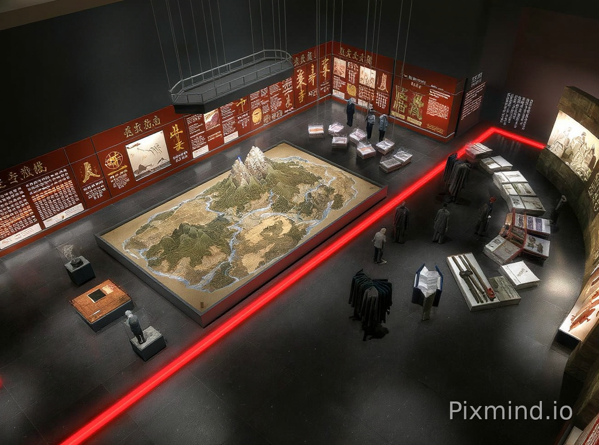 俯视效果图,博物馆室内展陈空间,整体平面呈矩形,尺寸约56米×64米。参观动线为顺时针环形,地面中央嵌入一条连贯的红色光带,象征“历史脉络”,从入口贯穿四个单元至出口。
第一单元【龙兴大东】主题色:赭石红。位于展区东北角,设一组东北地理大沙盘,表现长白山、松花江、吉林城等标志性地形。周围布置低矮展柜,陈列清初兵器、服饰复制品。墙面设时序灯带与图文版,强调“大东圣地”“东巡仪仗”“帝王足迹”。沙盘上方设可俯视的悬挑观景台。
第二单元【圣祖东巡】主题色:琥珀金。位于展区东南,重点呈现康熙东巡场景。中央设大型祭祀仪式微缩场景沙盘(包括祭山、祭江),周边设弧形展柜,展示御制诗文、地图、扈从器物。配合垂挂纱幕投影,营造江畔阅师氛围。地面红色光带在此段设暂停与放大节点。
第三单元【高宗继美】主题色:石青。位于展区西南,以乾隆继巡为核心。设御笔题额互动展柜群(可旋转屏幕),旁配半包围式弧形展台,展示乾隆御制诗稿与吉林八景图卷。空间中部设一组悬浮展板,沿红线回旋排列,辅以低反射玻璃展柜。
第四单元【诗联江城】主题色:黛绿。位于展区西北,以诗文、民俗、家国情怀为主题。设一组环形民俗沙盘,表现满汉渔猎、市井生活场景。周边布置密集的高低展柜,展示诗联、民俗器物、民间书画。红色光带在此段收束于一面多媒体总结墙,墙前设观众驻足区。
整体灯光:暖色调为主,重点区域加设射灯与氛围光。材质上采用哑光木饰面、灰麻石地面、青铜色收边。俯视角度可见清晰的功能分区、弧形与直线交织的展线、红色脉络光带串联全厅。画面要求高分辨率,轴测视角,博物馆展陈风格,雅致而恢弘。,4:3