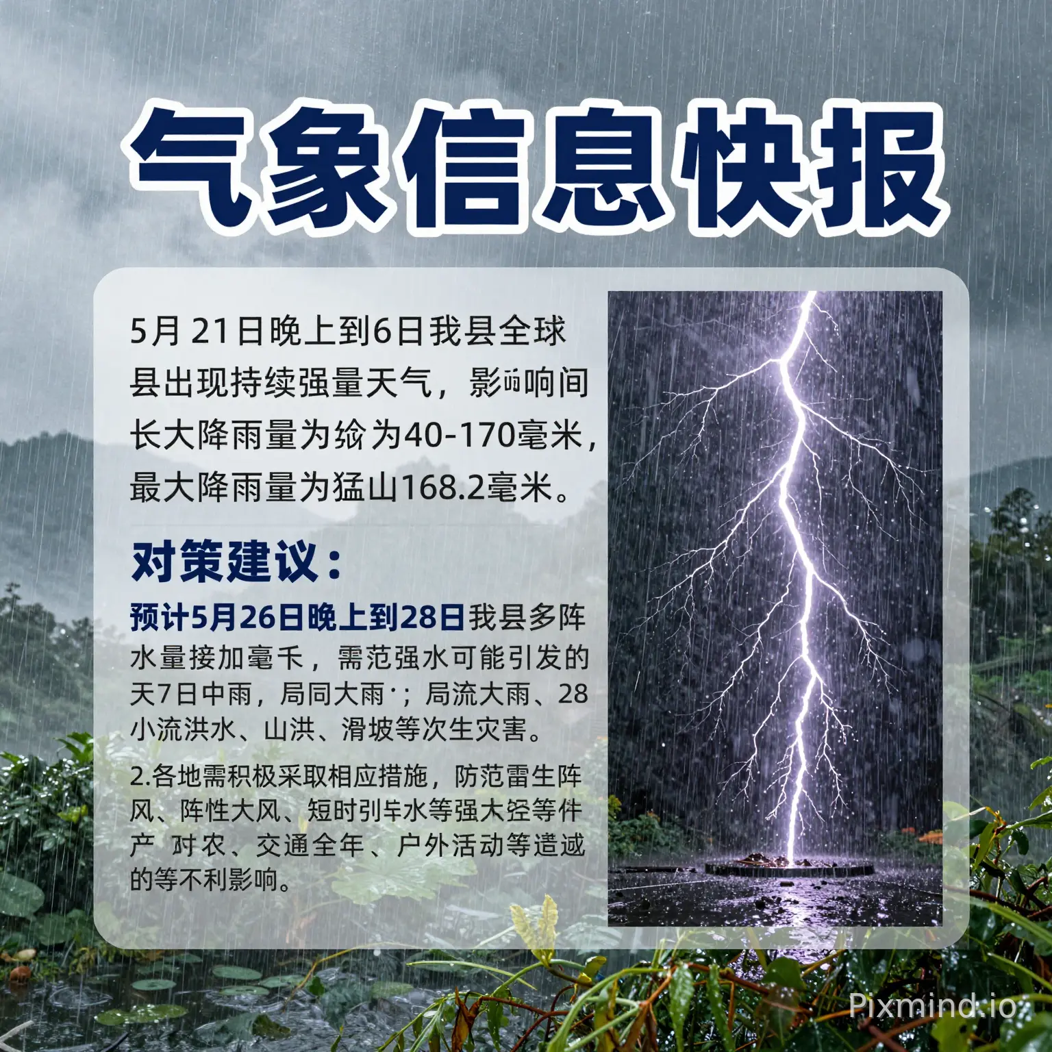 【武胜气象】气象信息快报:5月21日晚上到26日我县出现持续性强降雨天气,影响时间长,累计雨量大。全县大部分地方累计雨量为40-170毫米,最大降雨量为猛山168.2毫米。预计5月26日晚上到28日我县多阵雨或雷雨,其中27日中雨,局地大雨;28日大雨,局地暴雨。过程中伴有雷电、短时强降水、阵性大风等强对流天气。对策建议:1.由于前期强降雨导致土壤含水量接近饱和,需关注本轮持续降雨的叠加效应,防范强降水可能引发的局地城乡积涝、中小河流洪水、山洪、滑坡等次生灾害。2.各地需积极采取相应措施,防范雷电、阵性大风、短时强降水等强对流天气对农业生产、交通安全、户外活动等造成的不利影响。帮我生一份A5正反面宣传单