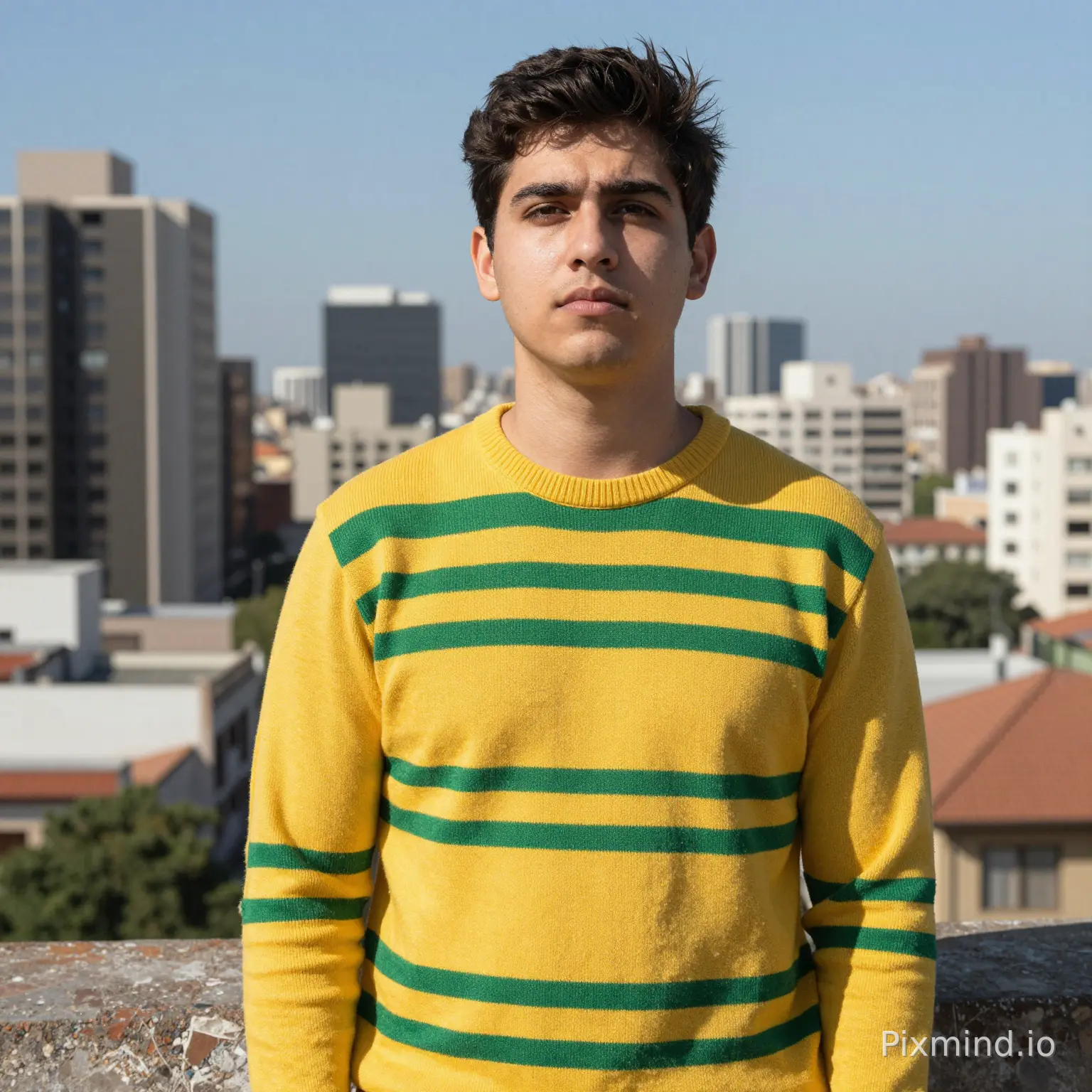 Crea imagen de un joven como de 40 años de edad de la cintura para arriba parado con un fondo de una ciudad con edificios, vestido con pullover de cuello de rayas Carmelitas y amarillas de pelo castaño claro y ojos verdes