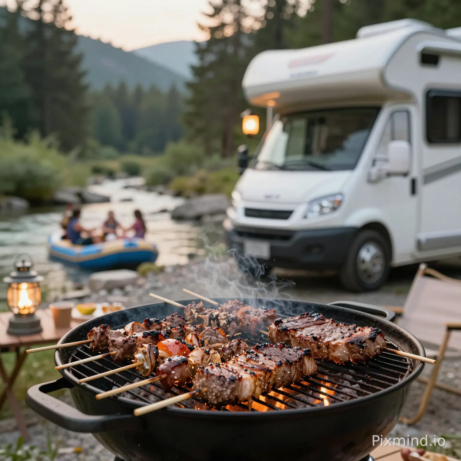 Close-up shot of a delicious BBQ grill filled with skewers and steaks, placed next to a white luxury RV in a mountain forest campsite. In the blurred background, a river with people rafting can be seen. Soft evening sunlight filtering through the trees, camping lanterns glowing, relaxed and happy vibe. Photorealistic, cinematic lighting, depth of field, advertising quality, inviting and mouth-watering --ar 16:9