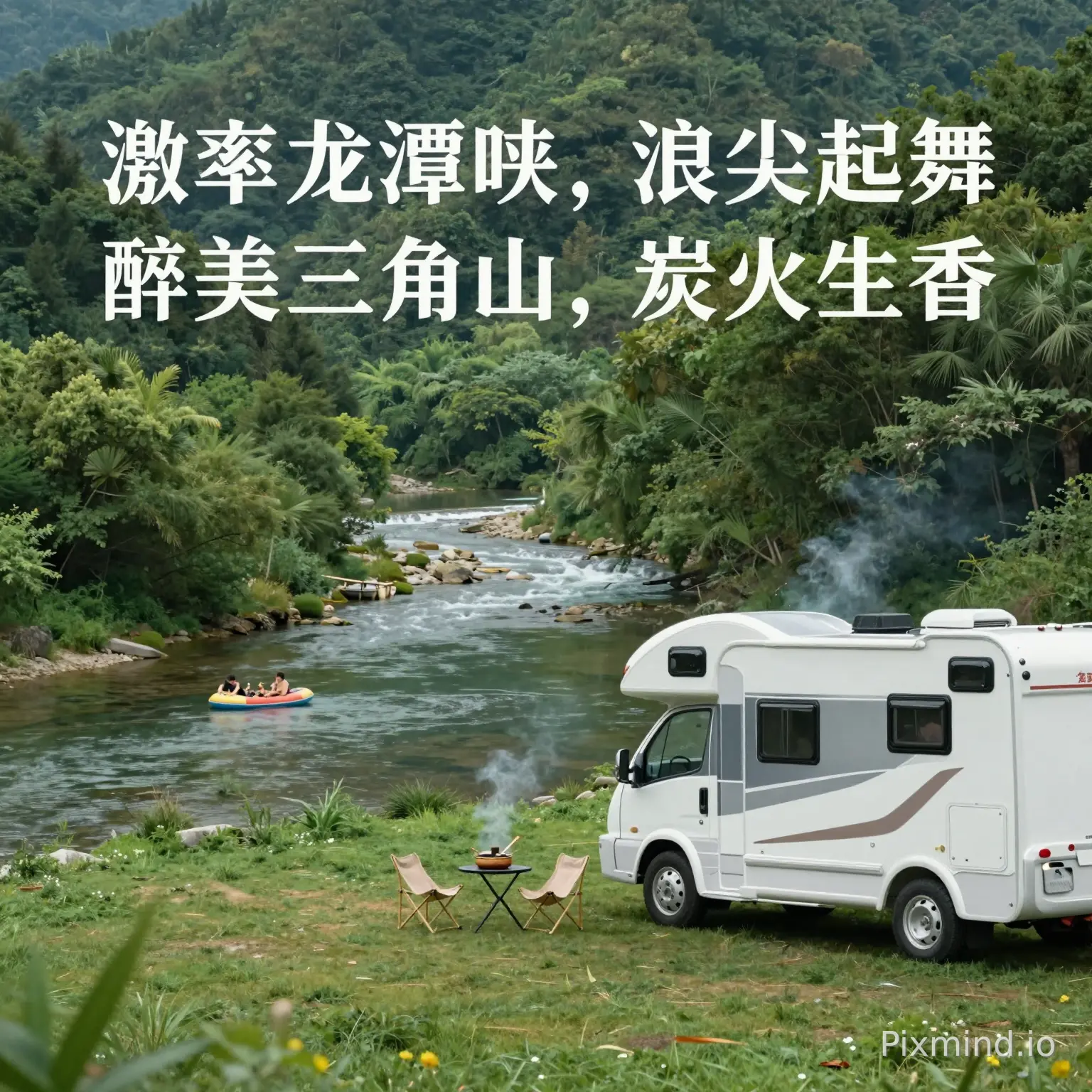 A serene and inviting wide-angle shot of the Triangle Mountain landscape. In the foreground, a modern luxury RV parked on a green lawn with a BBQ setup, smoke gently rising, camping chairs. In the mid-ground, a clear river winding through the valley with small rafts floating peacefully. Soft natural daylight, lush green forest background, fresh air feeling, cinematic composition, travel photography style --ar 16:9
配合中文主题广告词:- 激爽龙潭峡,浪尖起舞;醉美三角山,炭火生香