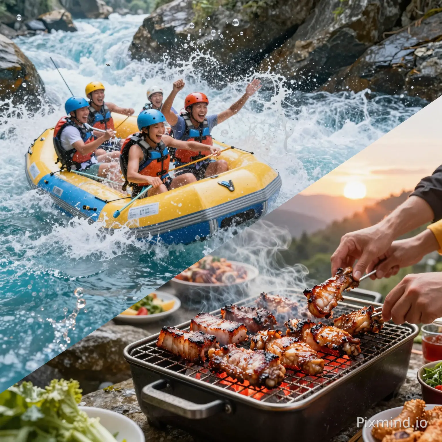 A dynamic diagonal split composition advertising poster. Top-left section: an action shot of extreme rafting in Longtan Gorge, water droplets frozen in mid-air, people wearing life jackets laughing excitedly, intense motion blur, refreshing blue water. Bottom-right section: a mouth-watering close-up of an outdoor self-service BBQ feast at Triangle Mountain, juicy grilled pork belly and chicken wings on the grill, glowing red charcoal, happy hands reaching for food, warm sunset glow. The boundary between the two scenes is blended with artistic water mist effects. Vibrant colors, high energy, hyper-realistic,2k --ar 16:9