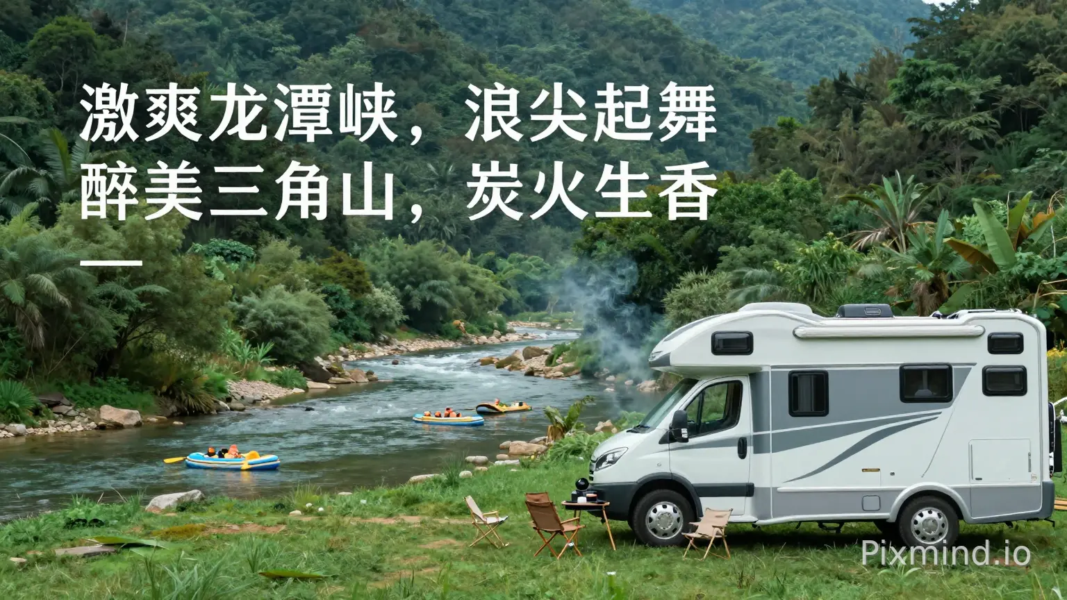 A serene and inviting wide-angle shot of the Triangle Mountain landscape. In the foreground, a modern luxury RV parked on a green lawn with a BBQ setup, smoke gently rising, camping chairs. In the mid-ground, a clear river winding through the valley with small rafts floating peacefully. Soft natural daylight, lush green forest background, fresh air feeling, cinematic composition, travel photography style --ar 16:9
配合中文主题广告词:- 激爽龙潭峡,浪尖起舞;醉美三角山,炭火生香