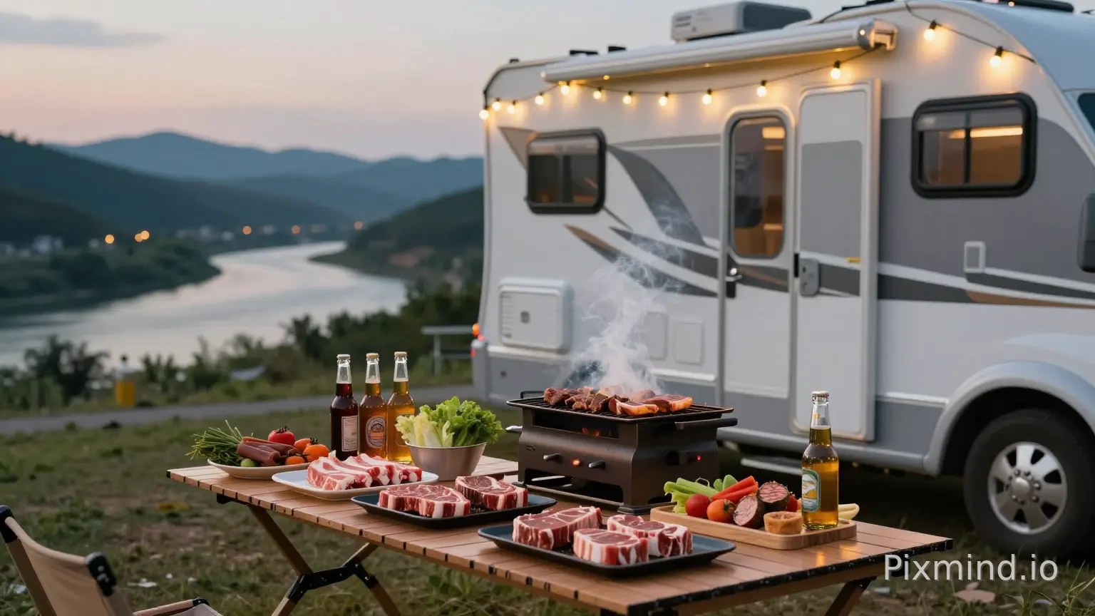 An inviting evening scene at Triangle Mountain RV campsite. Foreground focus: a fully loaded self-service BBQ table next to a white luxury RV, featuring platters of raw fresh meat, marinated steaks, vegetables, and beer bottles, with a grill cooking food emitting delicious smoke. Background: a winding river (Longtan Gorge) visible in the distance under the twilight sky, camping string lights glowing warmly around the RV. Cinematic lighting, depth of field focusing on the BBQ food, relaxed summer night vibe, high definition photography --ar 16:9