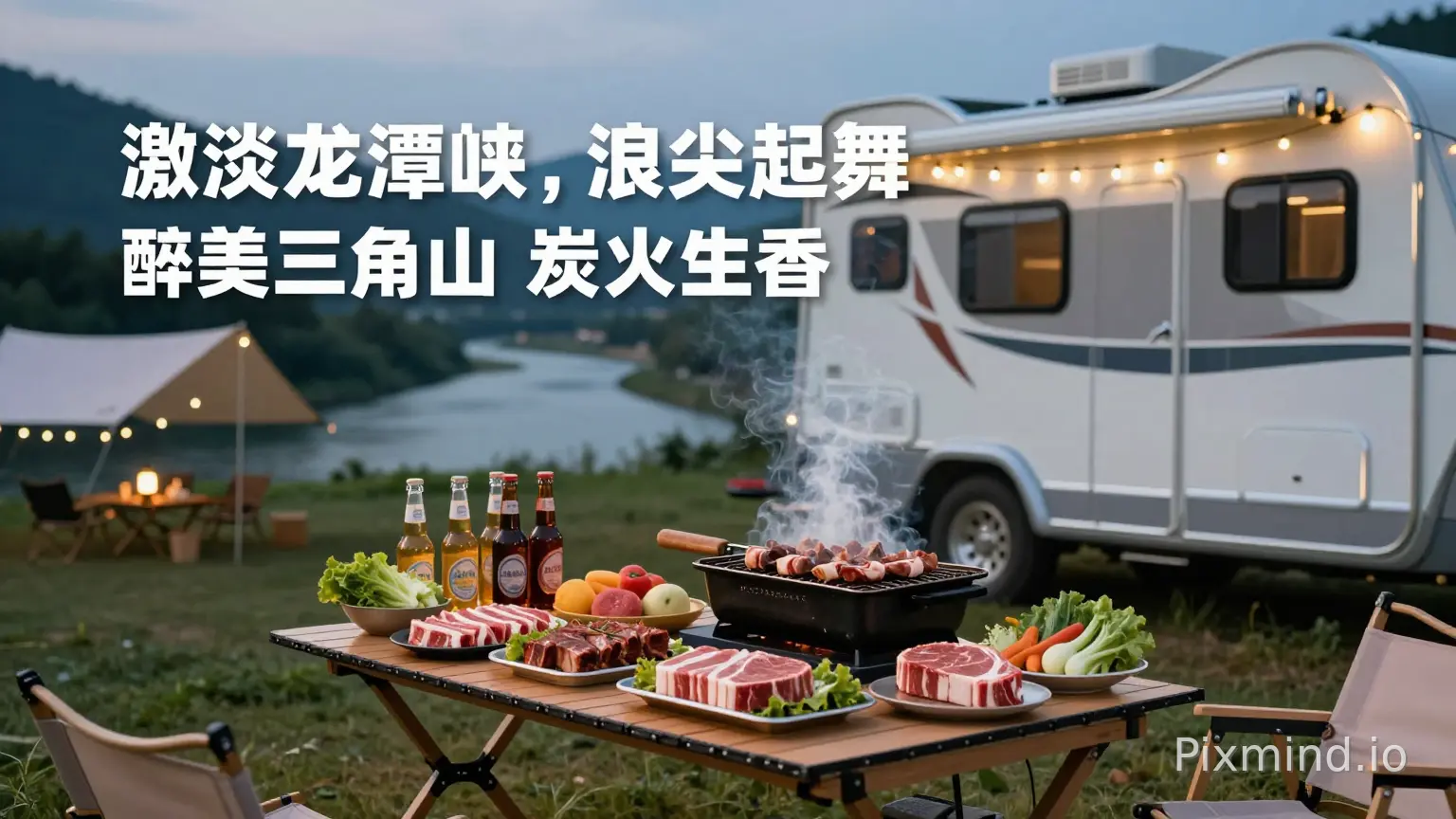 An inviting evening scene at Triangle Mountain RV campsite. Foreground focus: a fully loaded self-service BBQ table next to a white luxury RV, featuring platters of raw fresh meat, marinated steaks, vegetables, and beer bottles, with a grill cooking food emitting delicious smoke. Background: a winding river (Longtan Gorge) visible in the distance under the twilight sky, camping string lights glowing warmly around the RV. Cinematic lighting, depth of field focusing on the BBQ food, relaxed summer night vibe, high definition photography --ar 16:9。
配合中文主题广告词:- 激爽龙潭峡,浪尖起舞;醉美三角山,炭火生香