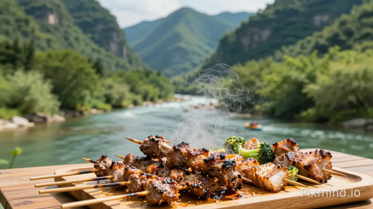 Eye-level photography shot. Foreground focus: a delicious outdoor barbecue setup on a wooden table in a mountain forest, featuring piles of grilled lamb skewers, pork belly, and vegetables, with visible steam and char marks. Background (slightly blurred): a clear river valley (Longtan Gorge context) surrounded by lush green triangular mountains, with small rafts visible in the distance. Natural sunlight filtering through the trees, appetizing food photography style, summer vacation vibe, no RVs, just nature and food --ar 16:9