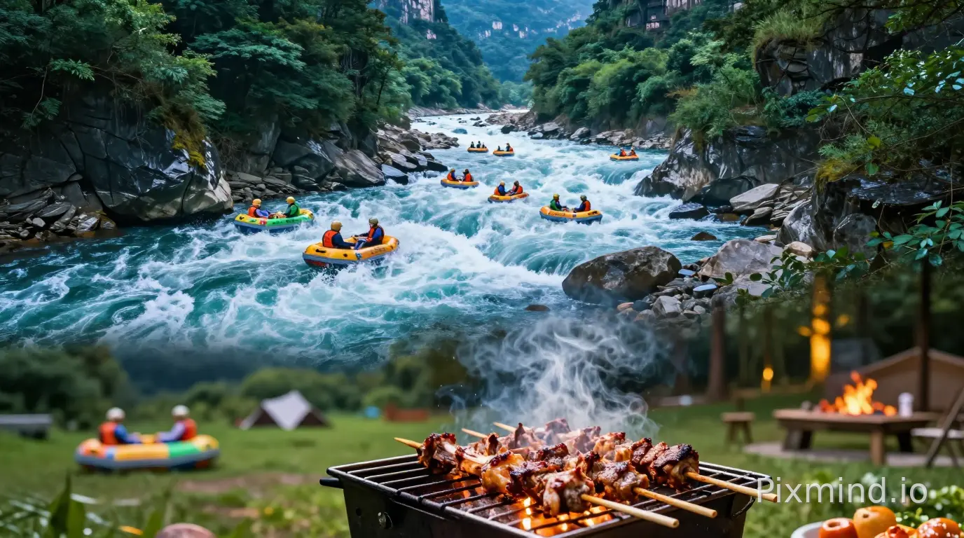 A breathtaking vertical promotional poster featuring a seamless blend of two scenes. The upper half showcases the majestic Triangle Mountain landscape with the Longtan Gorge river winding through lush green cliffs, tourists in colorful rafts navigating thrilling white water rapids, dynamic splashing waves, cool blue tones. The lower half transitions smoothly into a lively forest barbecue area on a grassy clearing, close-up details of sizzling charcoal grills loaded with delicious lamb skewers and roasted meats, warm golden lighting, smoke rising invitingly. High contrast between the energetic cool water above and the cozy warm food below, photorealistic, cinematic lighting, 8k resolution, commercial travel photography --ar 16:9