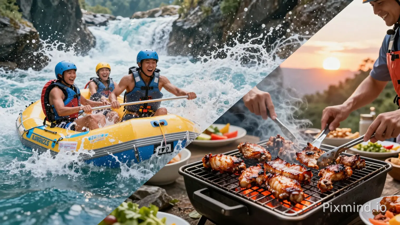 A dynamic diagonal split composition advertising poster. Top-left section: an action shot of extreme rafting in Longtan Gorge, water droplets frozen in mid-air, people wearing life jackets laughing excitedly, intense motion blur, refreshing blue water. Bottom-right section: a mouth-watering close-up of an outdoor self-service BBQ feast at Triangle Mountain, juicy grilled pork belly and chicken wings on the grill, glowing red charcoal, happy hands reaching for food, warm sunset glow. The boundary between the two scenes is blended with artistic water mist effects. Vibrant colors, high energy, hyper-realistic,2k --ar 16:9