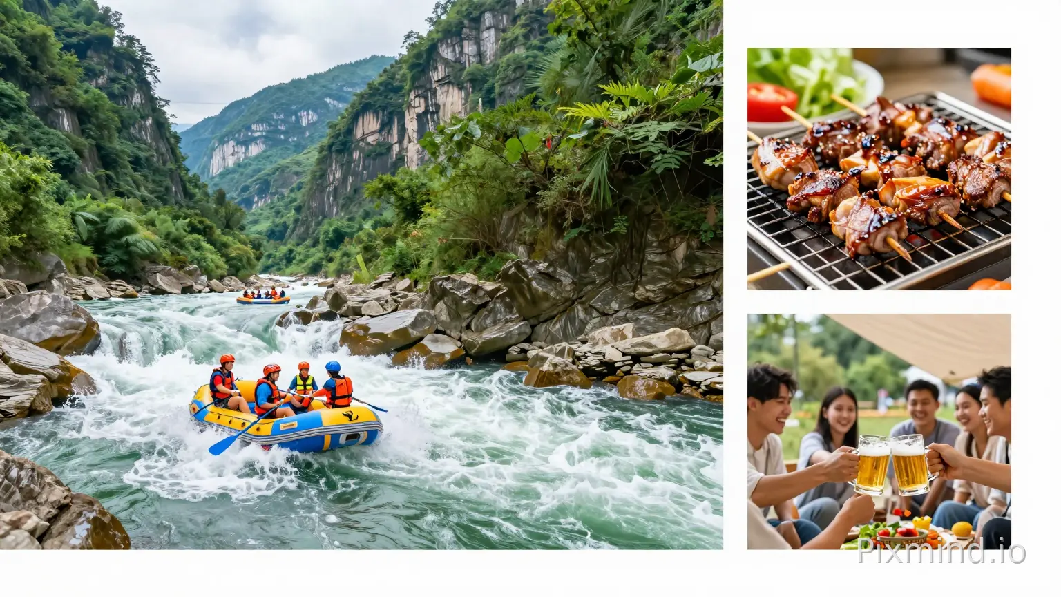 A modern magazine-style layout poster. The left two-thirds of the image is a grand, dynamic photo of tourists rafting down the Longtan Gorge river, surrounded by steep green cliffs, water splashing everywhere. The right one-third features a vertical column of smaller, square detail shots: the top small square shows a close-up of juicy grilled meat on a BBQ grill, the bottom small square shows happy people clinking beer glasses at a campsite. Clean borders between the images, professional graphic design composition, vibrant colors, 8k, photorealistic --ar 16:9.