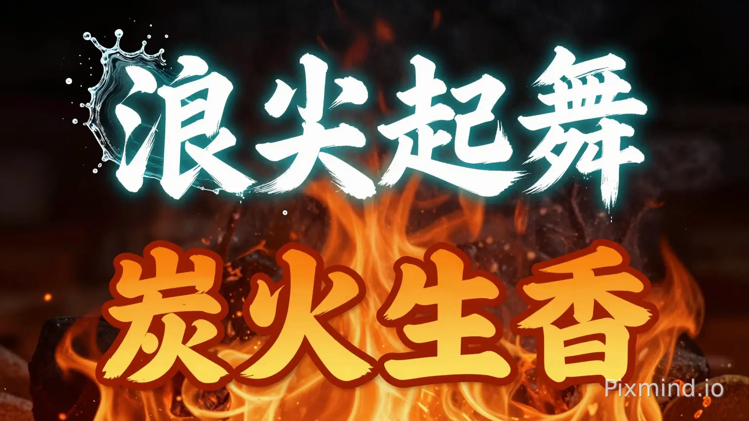 字体选择: 选用粗犷有力的毛笔书法体(如:魂心体、演示镇魂行楷)。
特效处理: 给“浪尖起舞”这几个字加上水花飞溅的素材装饰,字体颜色可以用白色或渐变的青蓝色,加上外发光,体现清凉感。
2. 烟火烧烤风(对应下半句)
字体选择: 选用圆润饱满的综艺体或卡通体。
特效处理: 给“炭火生香”这几个字加上火焰或热气的笔触效果,字体颜色用橙红色或金黄色,模拟炭火的温度。