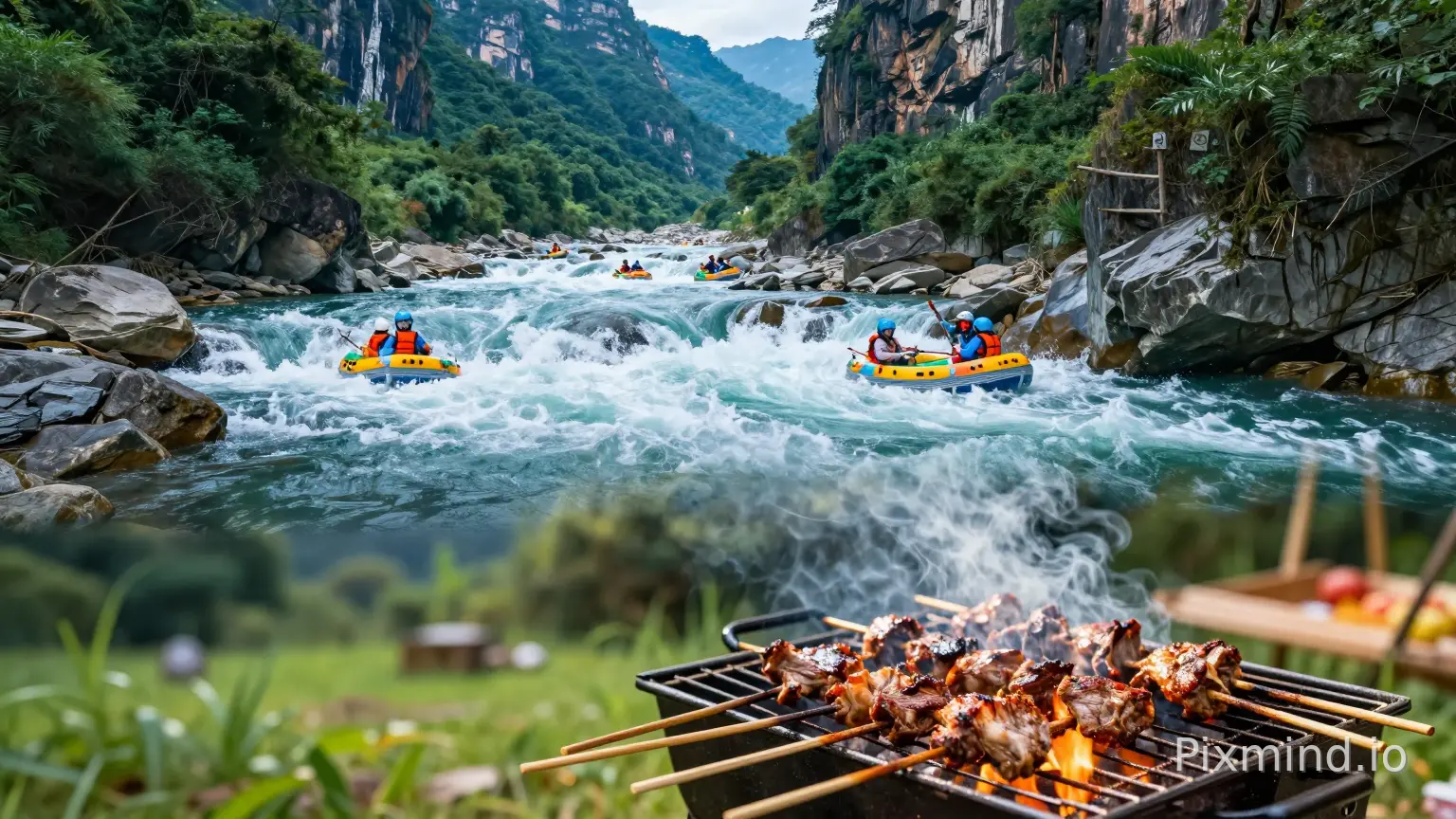 A breathtaking vertical promotional poster featuring a seamless blend of two scenes. The upper half showcases the majestic Triangle Mountain landscape with the Longtan Gorge river winding through lush green cliffs, tourists in colorful rafts navigating thrilling white water rapids, dynamic splashing waves, cool blue tones. The lower half transitions smoothly into a lively forest barbecue area on a grassy clearing, close-up details of sizzling charcoal grills loaded with delicious lamb skewers and roasted meats, warm golden lighting, smoke rising invitingly. High contrast between the energetic cool water above and the cozy warm food below, photorealistic, cinematic lighting, 8k resolution, commercial travel photography --ar 16:9
上半部分的漂流场景放小一点,下面的烧烤场景放大一点。