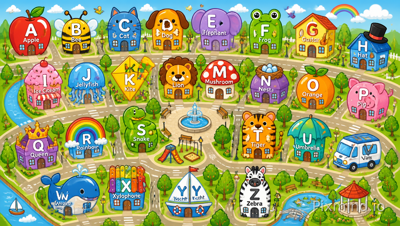 A bright and educational children’s alphabet town illustration designed for a premium children’s floor puzzle, colorful Western storybook cartoon style with a clean top-down bird’s-eye view perspective showing the entire whimsical alphabet town from above, specially designed for children ages 3–6; the scene features a cheerful miniature learning town made of individual colorful little houses shaped and themed around the capital letters A to Z, arranged naturally along curved streets, tiny roads, parks, and pathways across the whole town layout; every alphabet house clearly displays its corresponding capital letter together with a simple child-friendly object or character that begins with that letter, such as A for Apple, B for Bee, C for Cat, D for Dog, E for Elephant, continuing naturally through the alphabet; each alphabet building has its own playful architectural personality inspired by the associated word while remaining visually simple, highly readable, and easy for children to recognize from a bird’s-eye town view; the composition feels like an interactive miniature educational world with rainbow-colored alphabet houses distributed evenly throughout the town instead of lined up in rows; soft decorative environment including sidewalks, tiny parks, trees, flowers, clouds, birds, lamp posts, fountains, benches, and winding walking paths while keeping the layout uncluttered and puzzle-friendly; rounded cartoon shapes, thick clean outlines, bright cheerful colors, balanced visual spacing, medium-low detail density suitable for children’s puzzle assembly, highly detailed yet visually simple, premium educational floor puzzle illustration, no overcrowded elements, no tiny unreadable details, no dark atmosphere, no realistic rendering, no complicated perspective distortion, clean aerial composition, child-friendly town map feeling
--ar 16:9