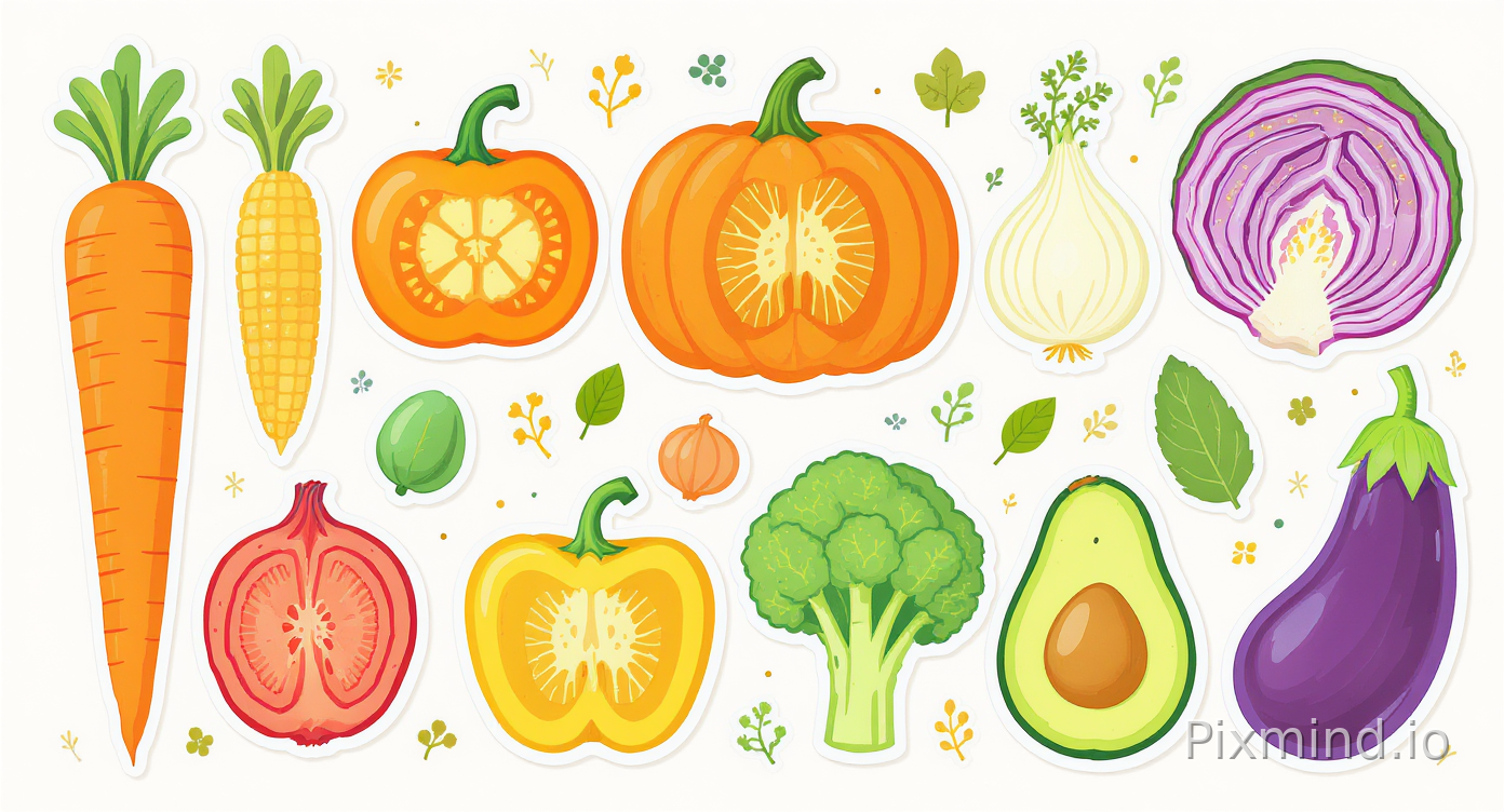 A bright and educational children’s vegetable cross-section anatomy illustration designed for a premium children’s floor puzzle, colorful Western storybook cartoon style with a clean centered composition specially designed for children ages 4–7; a collection of large vegetables displayed individually with neat scientific-style cross-section cutaway views revealing simplified internal structures in a fun child-friendly educational way; vegetables include carrot, tomato, pumpkin, cucumber, corn, onion, bell pepper, broccoli, cabbage, avocado, and eggplant, each shown partially sliced open to reveal seeds, layers, textures, and internal patterns using soft rounded cartoon shapes; vegetables arranged with generous spacing and balanced composition to keep the scene easy to read and suitable for puzzle assembly; clean light background with subtle garden-inspired decorative elements such as leaves, small vines, soil icons, and soft natural shapes without cluttering the image; bright cheerful color palette with vivid greens, oranges, reds, yellows, and purples, high readability, medium detail density, simplified educational anatomy style, premium children’s educational floor puzzle illustration, highly detailed yet visually clean, no realistic biological textures, no messy cut surfaces, no dark shadows, no overcrowded composition, no tiny unreadable details