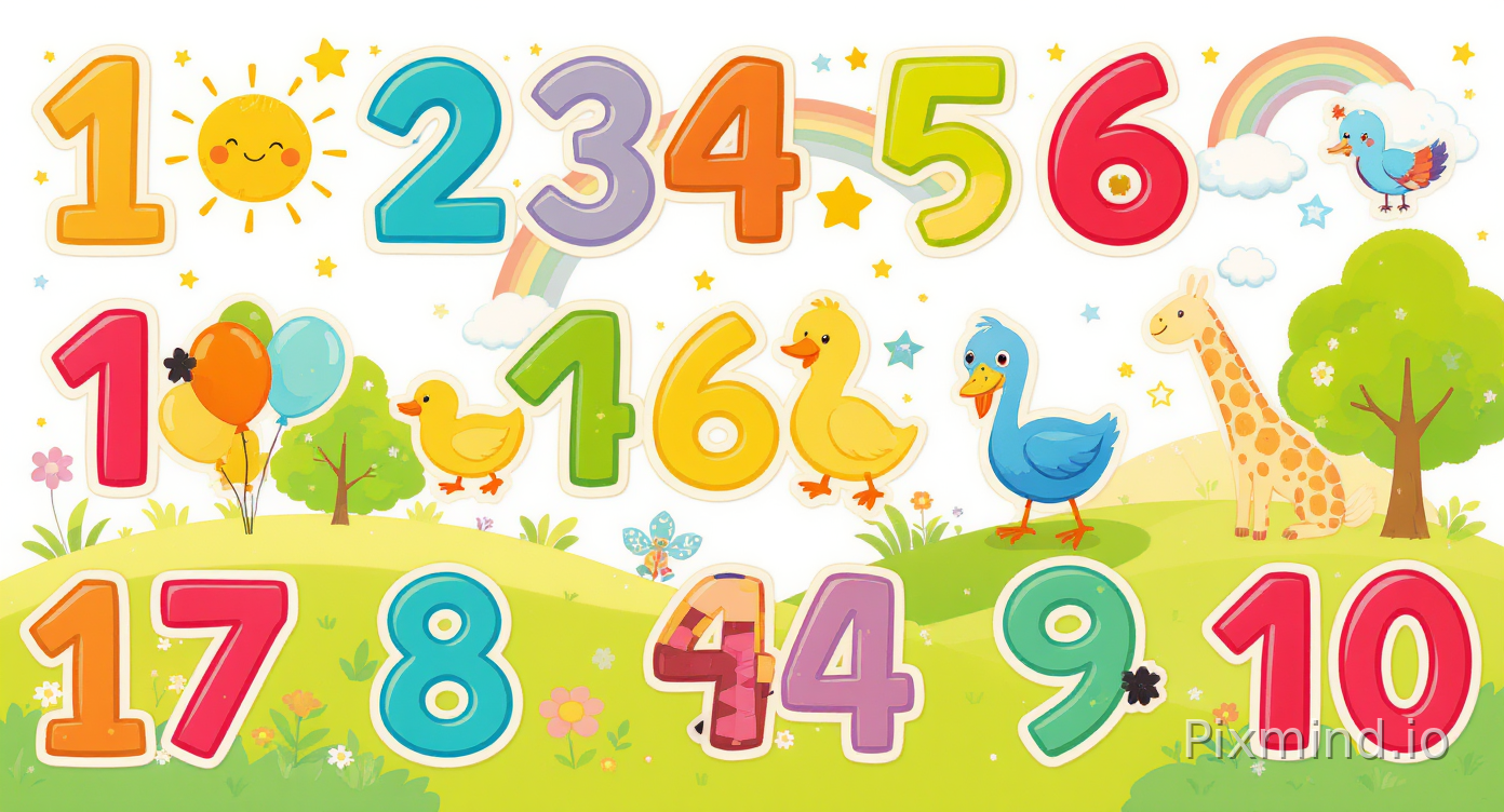 A bright and educational children’s number learning illustration designed for a premium children’s floor puzzle, colorful Western storybook cartoon style with a clean and highly readable composition specially designed for children ages 3–6; large colorful numbers from 1 to 10 displayed clearly across the scene with each number connected to matching groups of objects for early counting education; number 1 paired with one sun, number 2 with two ducks, number 3 with three balloons, number 4 with four apples, continuing naturally through 10 using simple child-friendly objects and animals; all elements arranged with generous spacing and clear visual separation to make counting easy and intuitive; soft playful environment with grassy hills, clouds, rainbow, trees, stars, and simple decorative shapes while keeping the composition uncluttered and puzzle-friendly; rounded cartoon shapes, thick clean outlines, bright cheerful colors, high readability, medium-low detail density, balanced layout designed for easy puzzle assembly and educational interaction; friendly Western children’s book illustration style, highly detailed but visually simple, premium educational floor puzzle design, no crowded composition, no tiny unreadable details, no dark colors, no realistic rendering, no excessive background elements, 16:9 composition.
