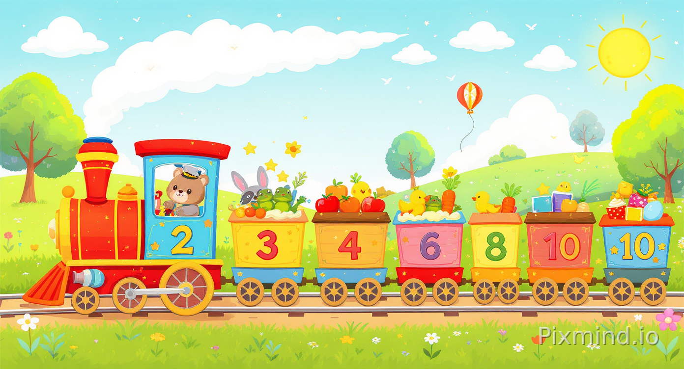 A bright and educational children’s number learning train illustration designed for a premium children’s floor puzzle, colorful Western storybook cartoon style with a clean side-view composition specially designed for children ages 3–6; a long playful cartoon train stretches horizontally across the entire scene with a friendly animal conductor driving the locomotive, such as a smiling bear, rabbit, or raccoon wearing a small conductor hat; behind the engine are ten connected train cars, each clearly displaying a large colorful number from 1 to 10 paired with matching quantities of cute passengers or cargo for counting education; examples include 1 teddy bear, 2 ducks, 3 apples, 4 baby chicks, 5 stars, 6 carrots, 7 balloons, 8 frogs, 9 cupcakes, and 10 toy blocks; each train car designed with generous spacing and simple organization so the counting elements are easy to recognize without visual clutter; cheerful countryside background with soft rolling hills, clouds, flowers, trees, birds, and sunshine while keeping the environment clean and secondary to the train itself; rounded cartoon shapes, thick clean outlines, bright cheerful colors, high readability, balanced composition, medium-low detail density suitable for children’s puzzle assembly, highly detailed but visually simple, premium educational floor puzzle illustration, no overcrowded elements, no tiny unreadable objects, no dark atmosphere, no realistic rendering, no complicated perspective
