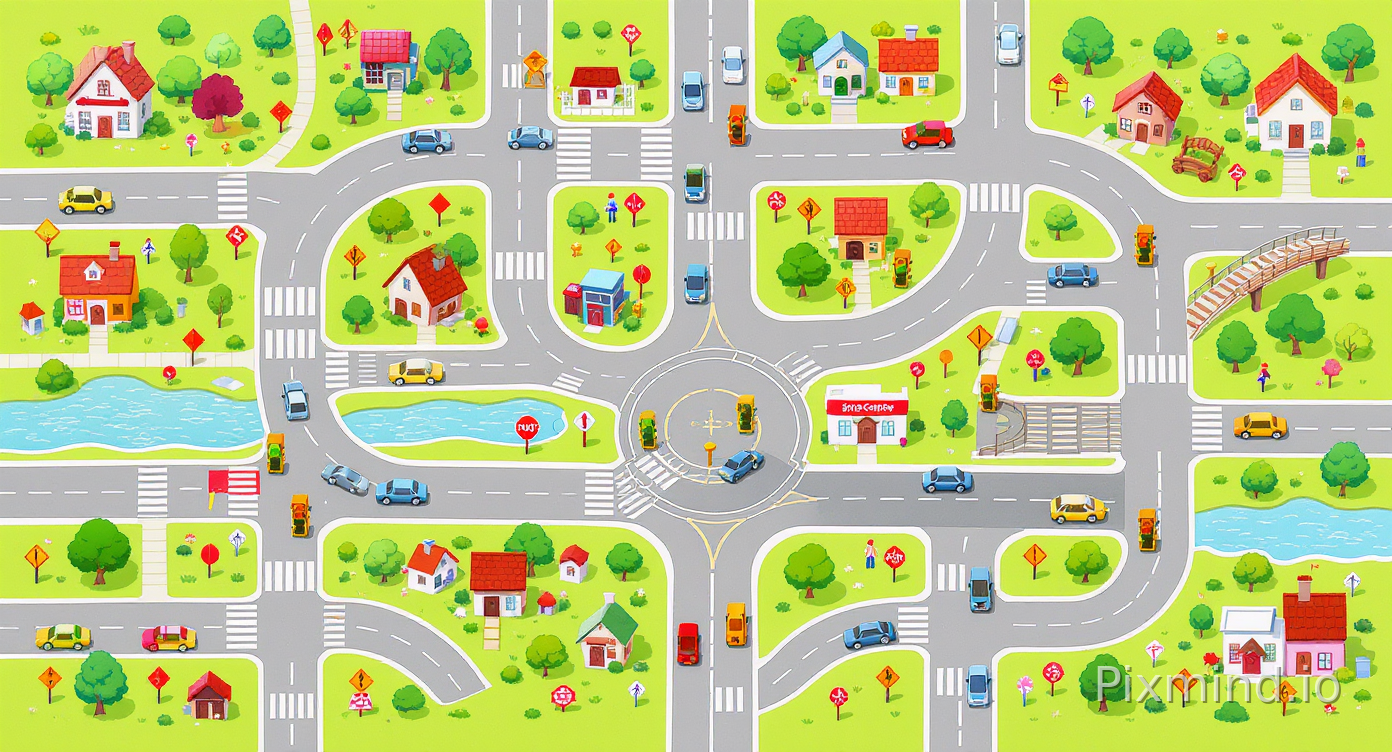 A bright and interactive children’s miniature town street illustration designed for a premium children’s floor puzzle and playset, colorful Western storybook cartoon style with a clean top-down bird’s-eye view composition specially designed for children ages 4–7; the scene features a simplified miniature city road system with wide easy-to-read streets, curved roads, intersections, zebra crossings, roundabouts, parking spaces, sidewalks, bridges, and small parks arranged in a playful modular layout; the city is designed to feel like a buildable transportation world where children can visually connect roads into loops, crossroads, and different driving paths; colorful standalone play pieces are included throughout the scene such as tiny cartoon cars, buses, taxis, traffic lights, stop signs, pedestrian figure standees, trees, and road safety markers designed as detachable educational accessories; buildings remain small and secondary to keep focus on the road system, including simple houses, schools, gas stations, fire stations, and shops with large readable shapes and minimal clutter; clean visual organization with generous spacing between roads and objects for easy puzzle assembly and imaginative play; rounded cartoon shapes, thick outlines, bright cheerful colors, high readability, medium-low detail density, child-friendly urban design, highly detailed yet visually simple, premium educational floor puzzle illustration, no crowded city blocks, no realistic traffic complexity, no dark atmosphere, no tiny unreadable road markings, no complicated perspective distortion