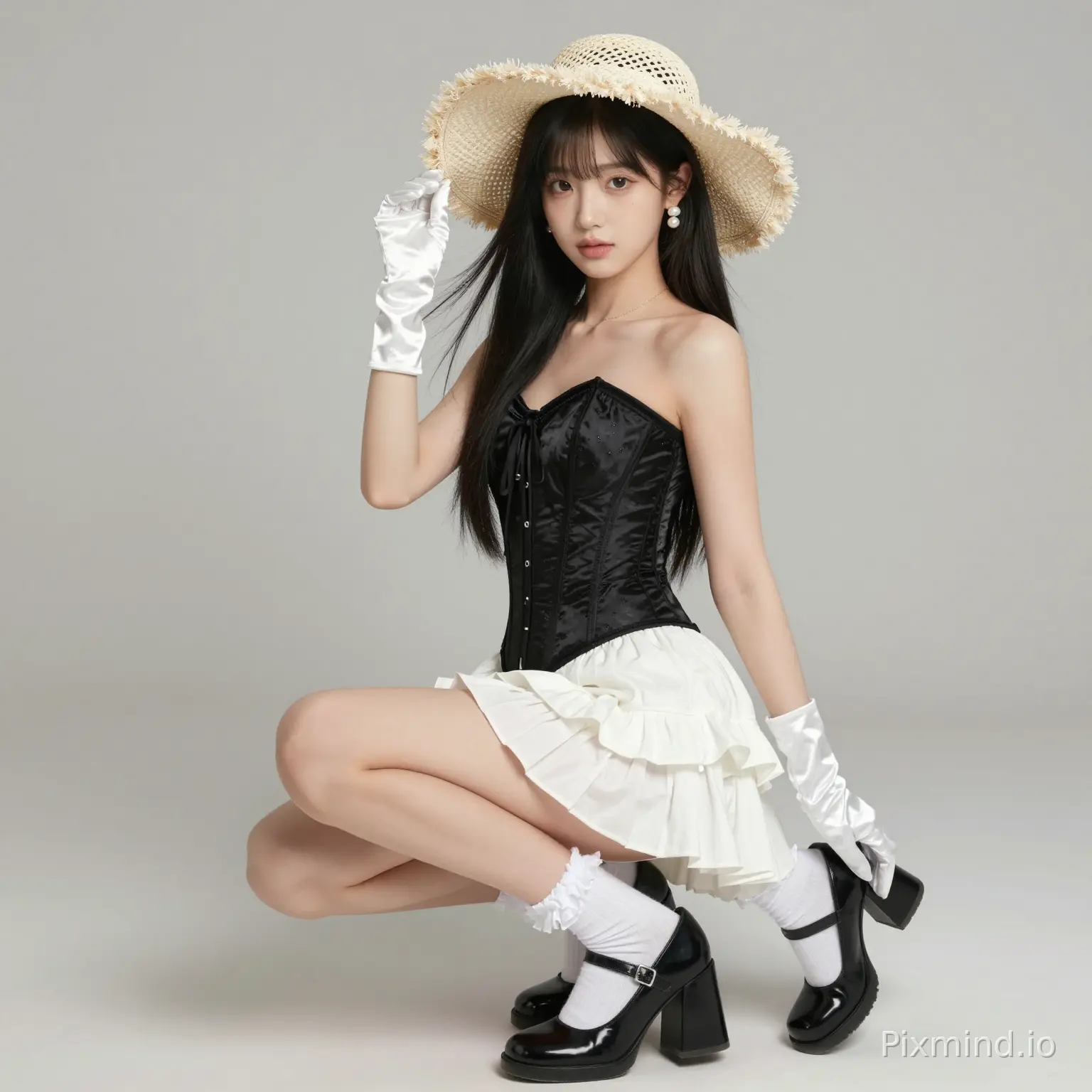 ai kpop girl with jet black straight long hair with white pearl earrings wearing a cute black corset and a cute white ruffle mini skirt with Mary jane back shoes with cute white ruffle socks with a cute white vintage straw mesh half hat with white glossy gloves