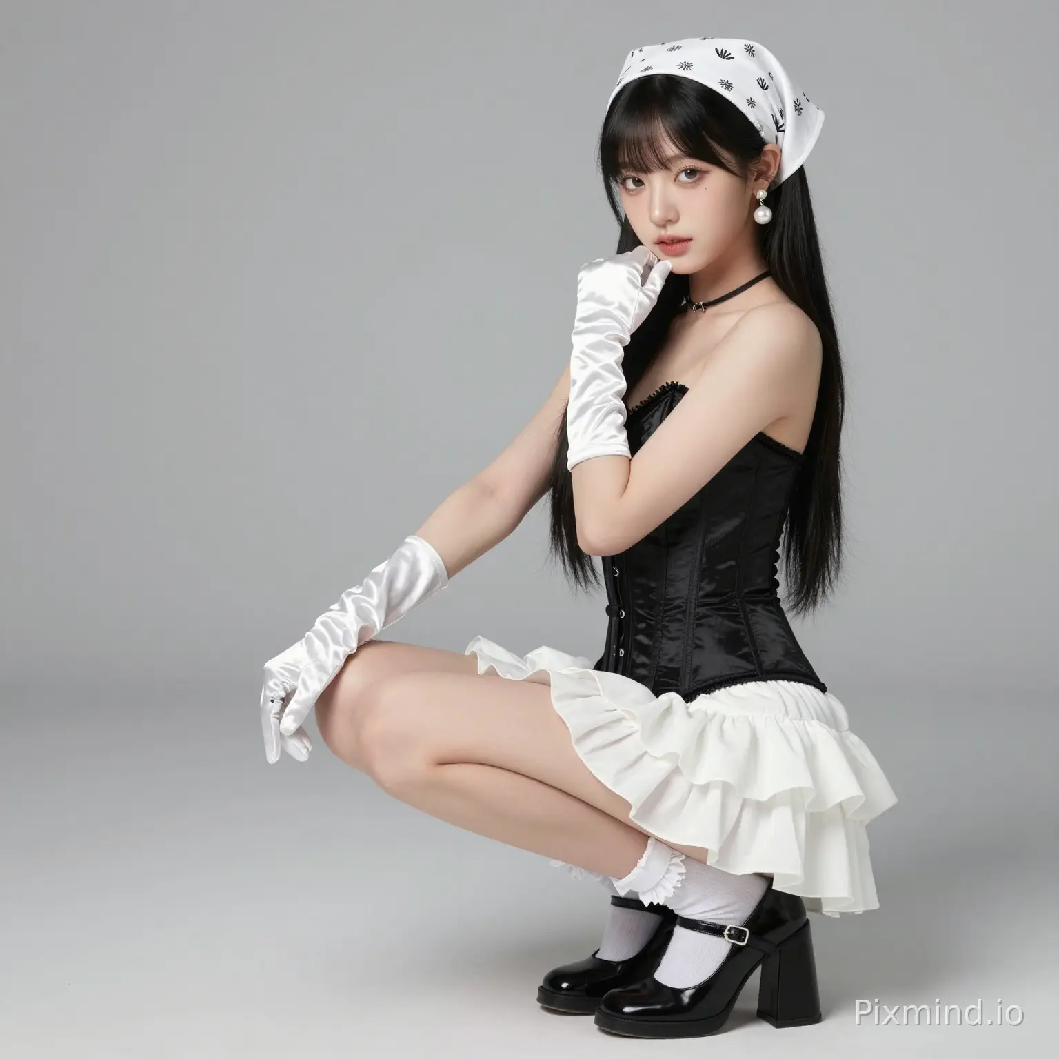 ai kpop girl with jet black straight long hair with white pearl earrings wearing a cute black corset and a cute white ruffle mini skirt with Mary jane back shoes with cute white ruffle socks with a cute white bandana with white glossy gloves