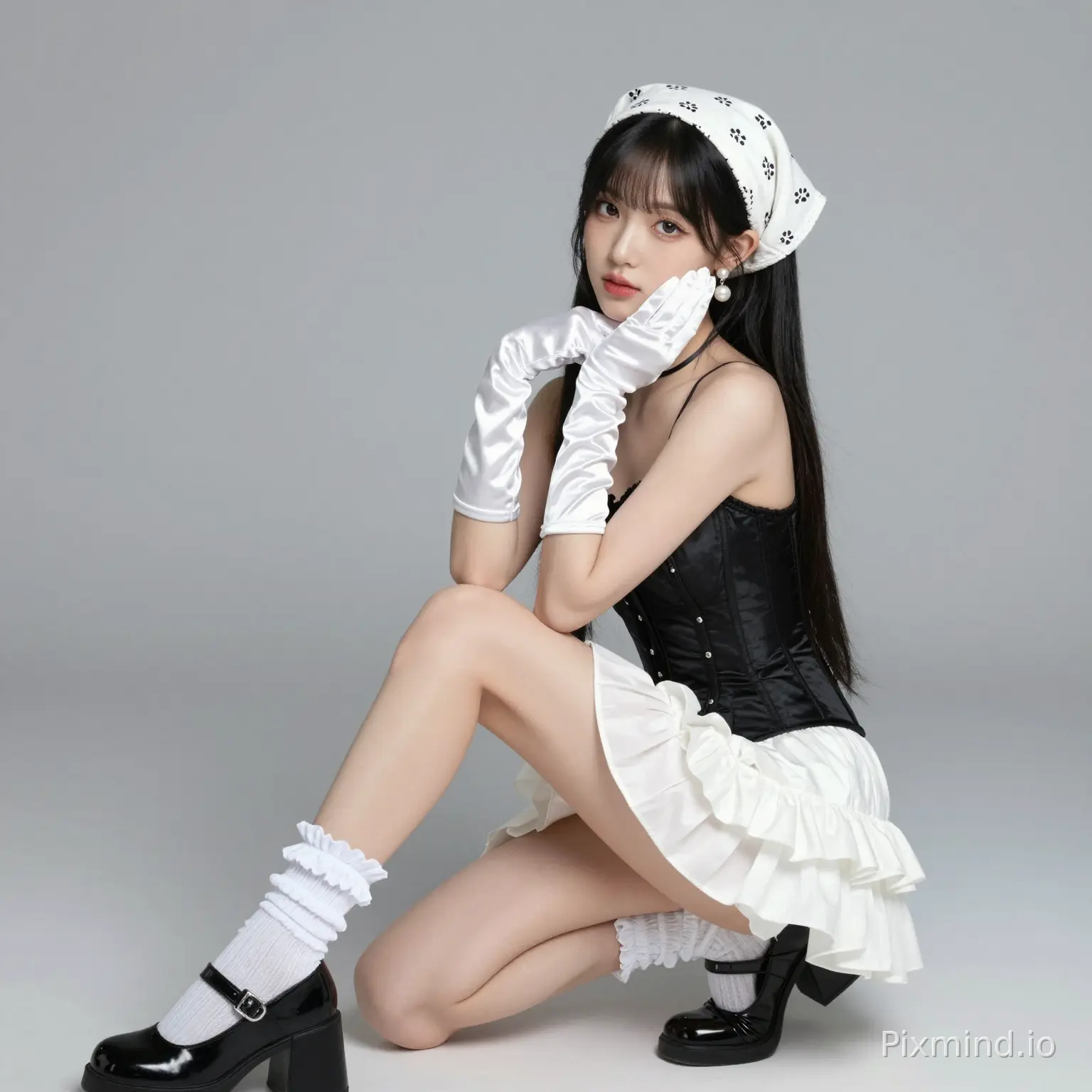 ai kpop girl with jet black straight long hair with white pearl earrings wearing a cute black corset and a cute white ruffle mini skirt with Mary jane back shoes with cute white ruffle socks with a cute white bandana with white glossy gloves doing a cute sitting pose