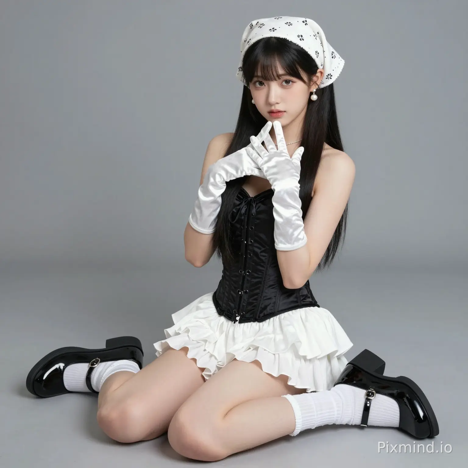 ai kpop girl with jet black straight long hair with white pearl earrings wearing a cute black corset and a cute white ruffle mini skirt with Mary jane back shoes with cute white ruffle socks with a cute white bandana with white glossy gloves doing a cute sitting pose